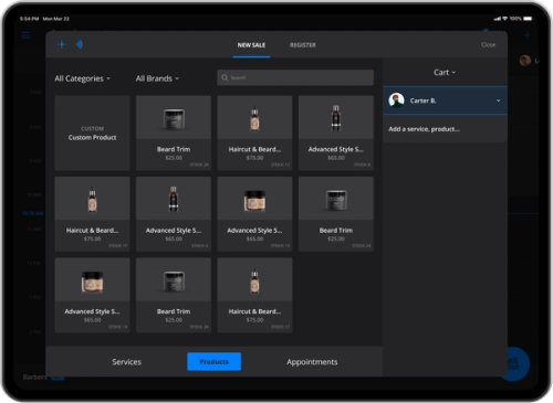 Interface showing product inventory and sales cart options.