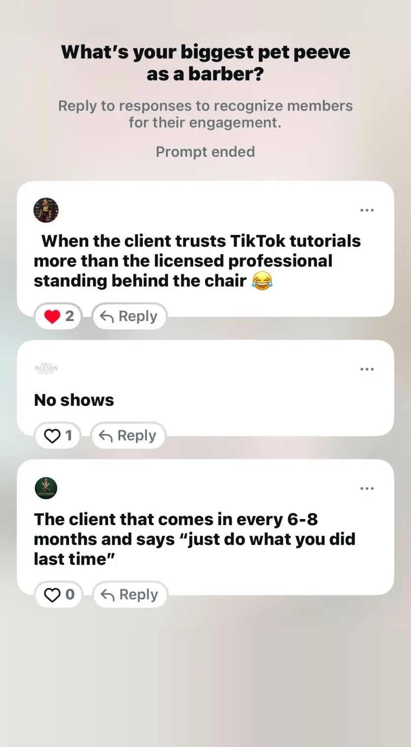 Instagram prompt responses about biggest barber pet peeves