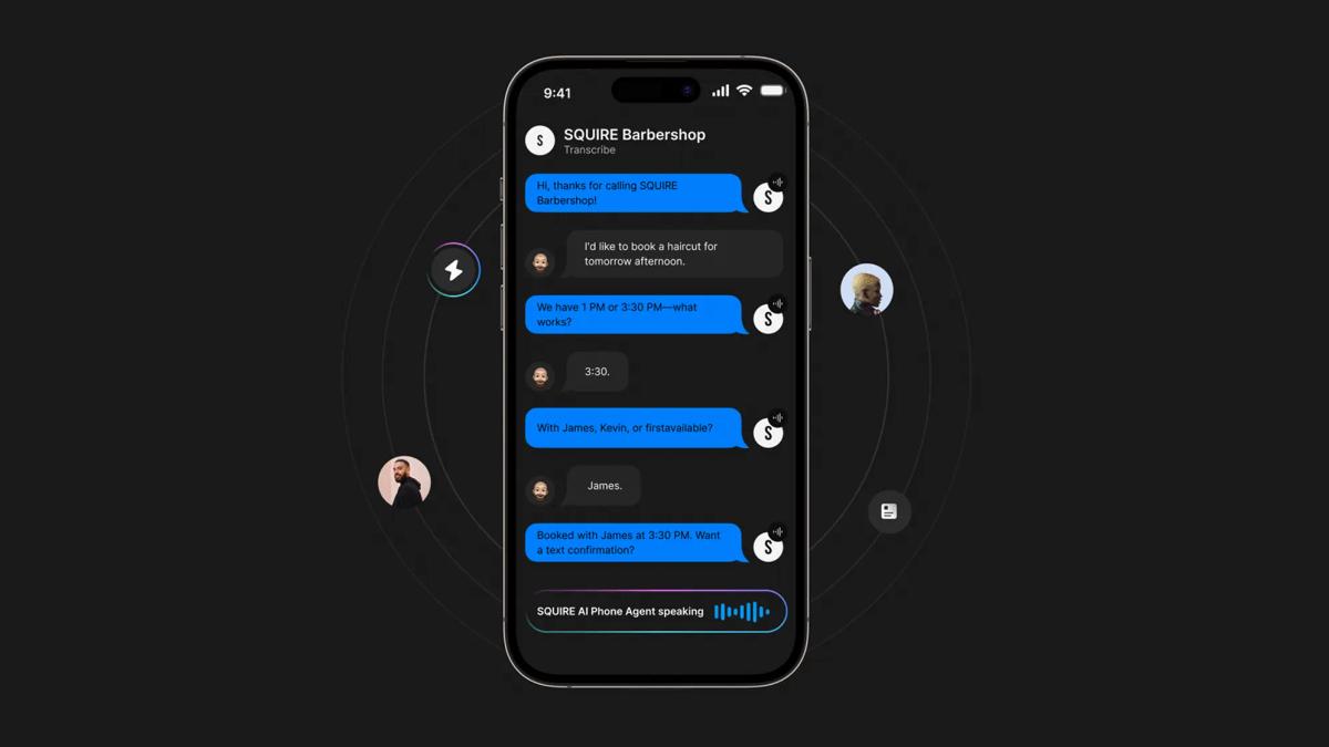 Smartphone screen displaying a chat interface with Squire Barbershop.