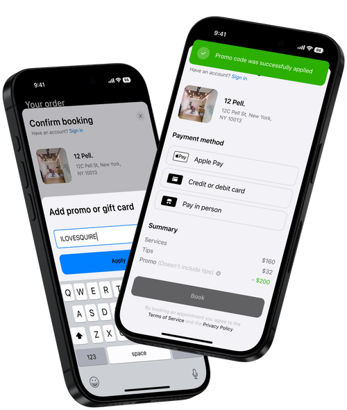 Two iPhones displaying successful promo code application.