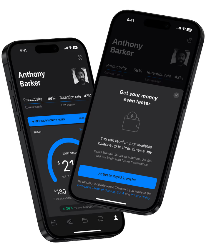 Two smartphones display booking and payment screens for barbershops.