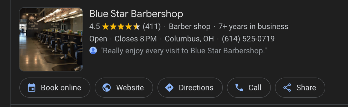 Barbershop Google Business listing with reviews and contact information.