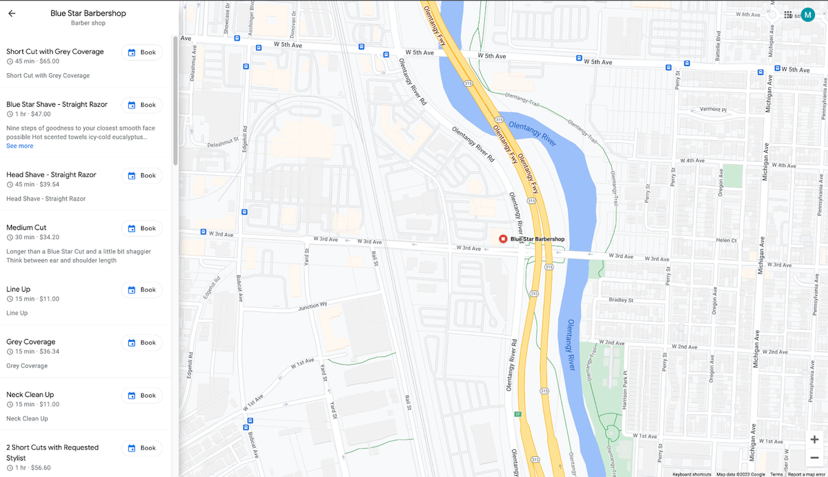 Map displaying Blue Star Barbershop's location and service options.