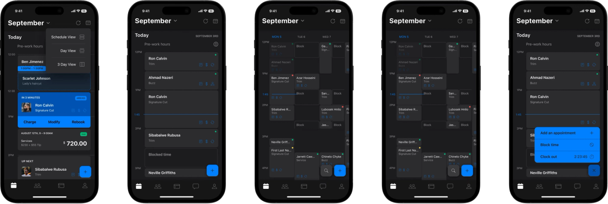 Mobile scheduling interface showing calendar views, appointments, and booking management