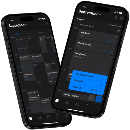 Mobile app showing calendar views, appointments, and scheduling management 
