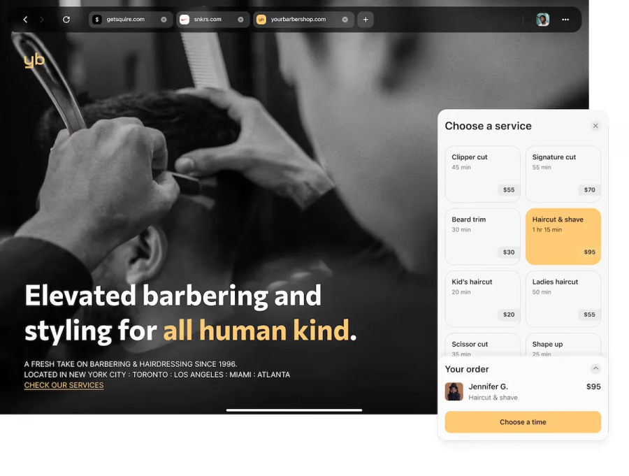 Mobile booking interface displaying appointment selection and branded customer experience