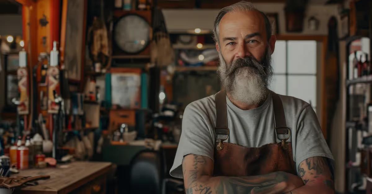 A bearded barber stands with arms crossed in a barbershop, wearing an apron, with tools and shelves in the background.