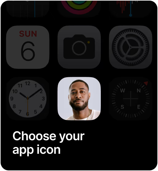 Card-style screen showing a grid of iOS app icons in the background, with the text 'Choose your app icon' and a circular preview image of a person above the text.