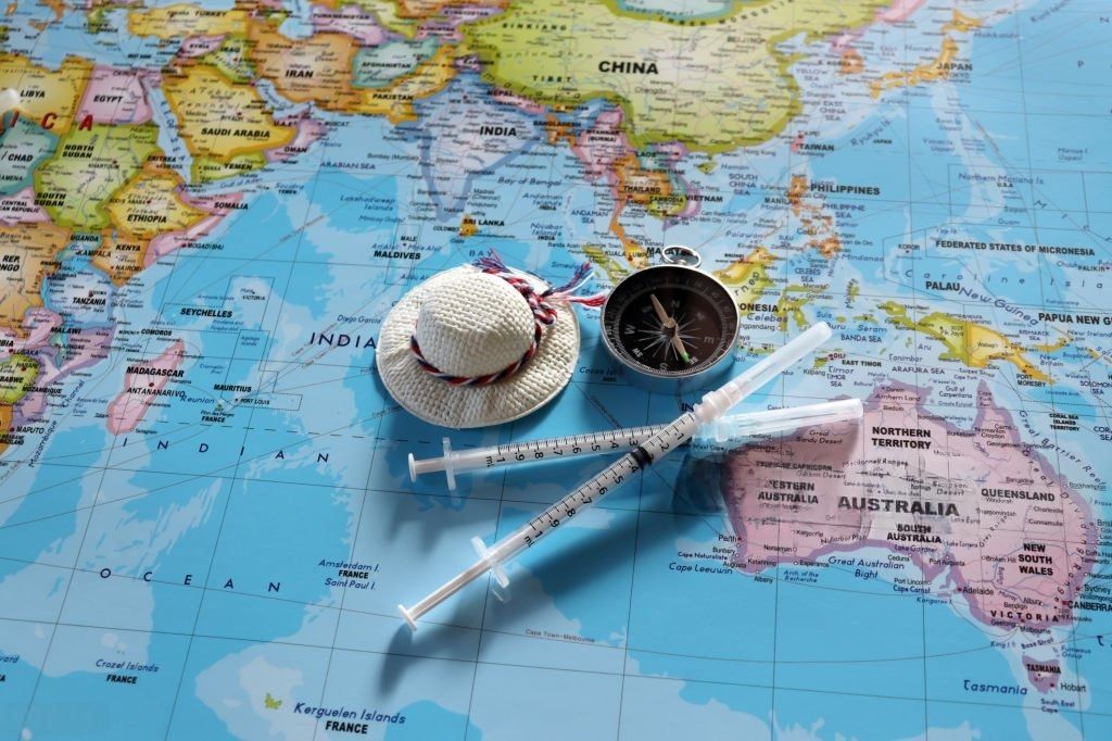 Travel vaccination supplies on a world map