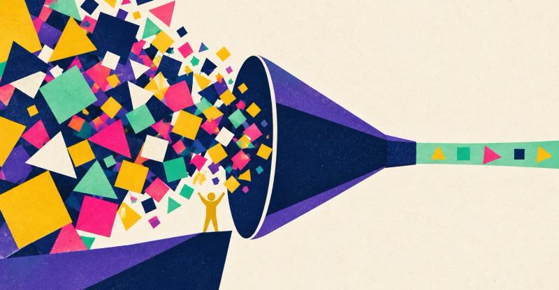 Abstract illustration of a swarm of colored shapes pouring into a wide funnel that narrows to a thin band.