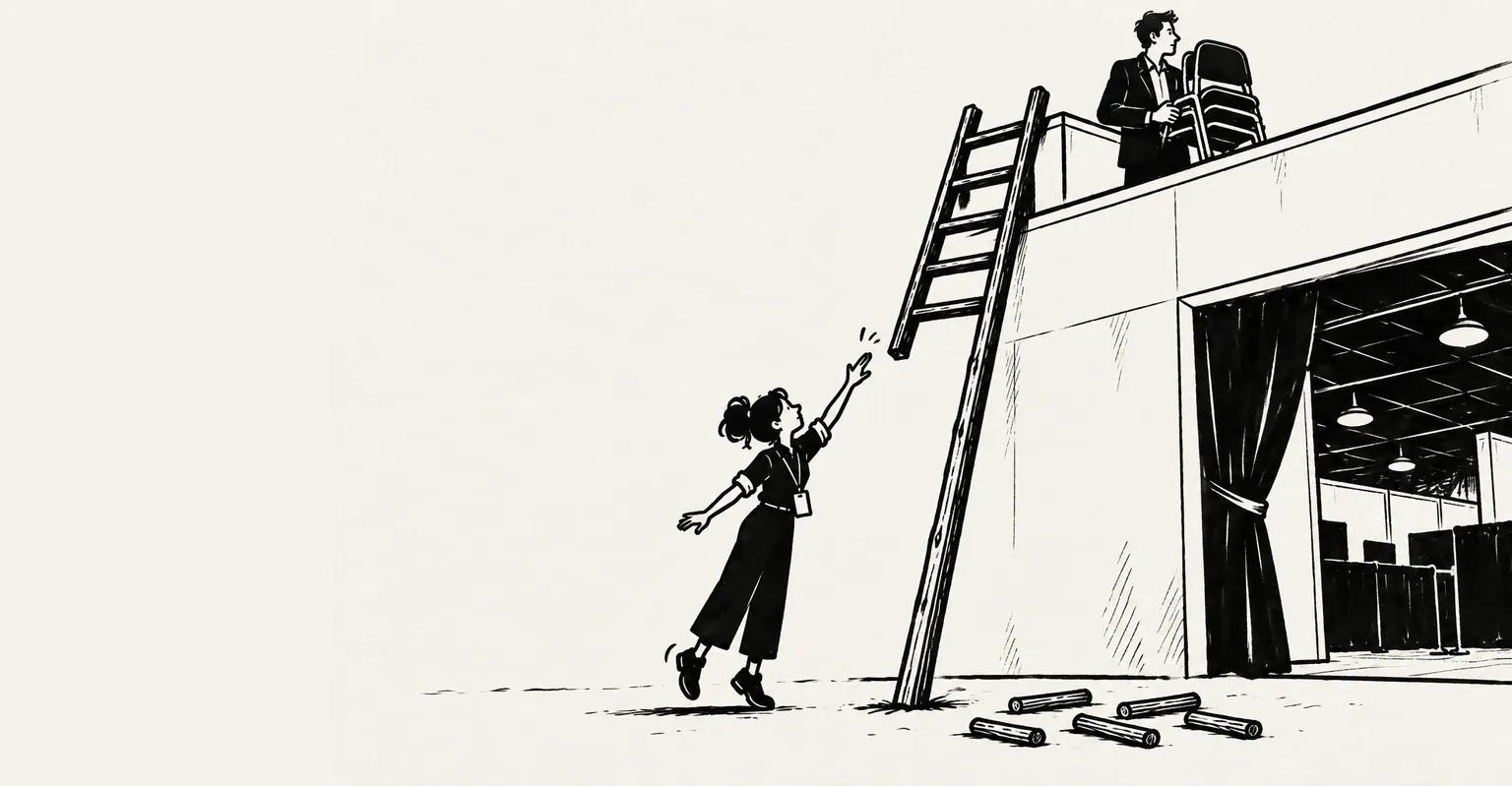 Ink illustration of a young event worker in a lanyard reaching up toward a ladder whose lowest rungs are missing.