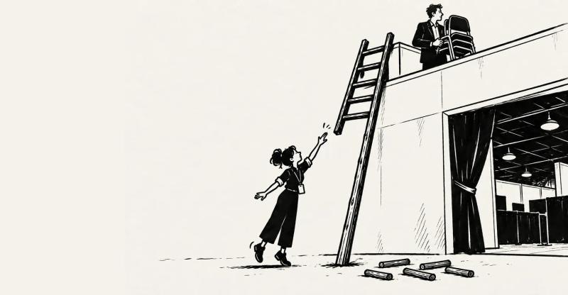 Ink illustration of a young event worker in a lanyard reaching up toward a ladder whose lowest rungs are missing.