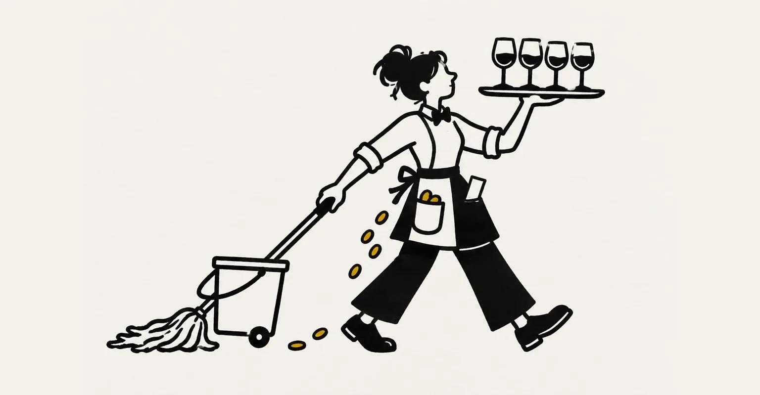 Line drawing of one server holding a tray of wine glasses in one hand and dragging a mop in the other.