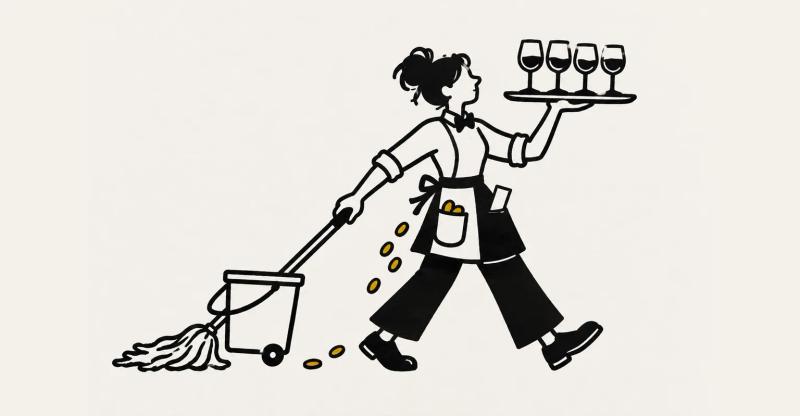 Line drawing of one server holding a tray of wine glasses in one hand and dragging a mop in the other.