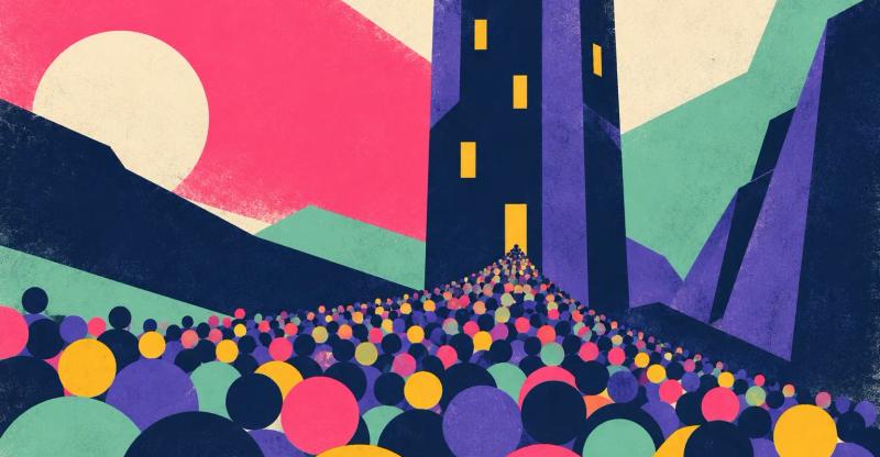 Abstract illustration of a tall tower with a few lit windows and a large crowd of colored circles pressing toward its door.