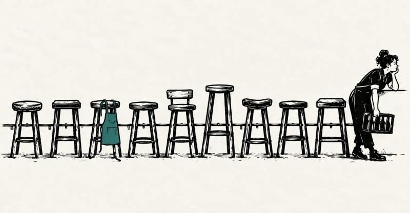 Line drawing of a long row of empty bar stools with a barback leaning at the end holding a crate.