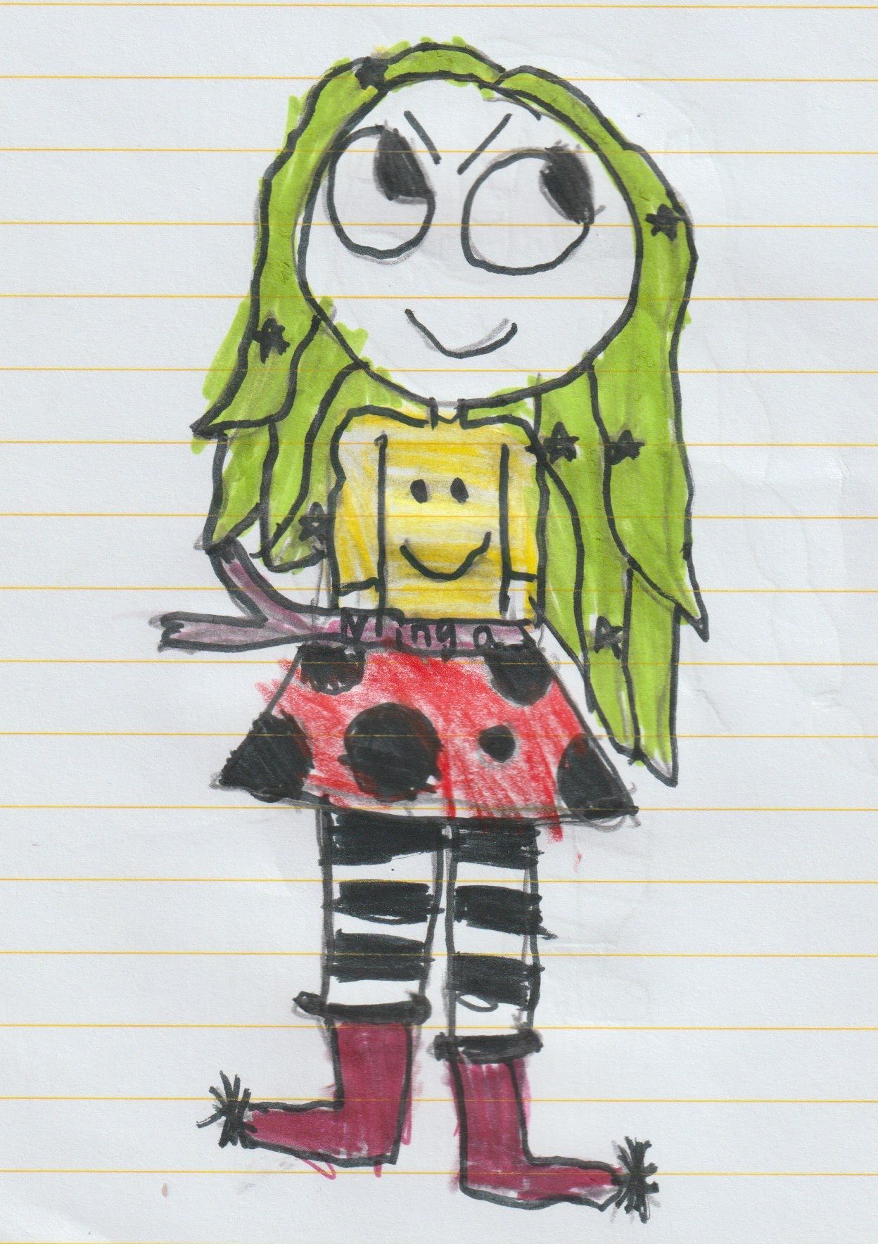 Girl with green hair, yellow t-shirt, red and black dotted skirt, striped leggings and red socks.