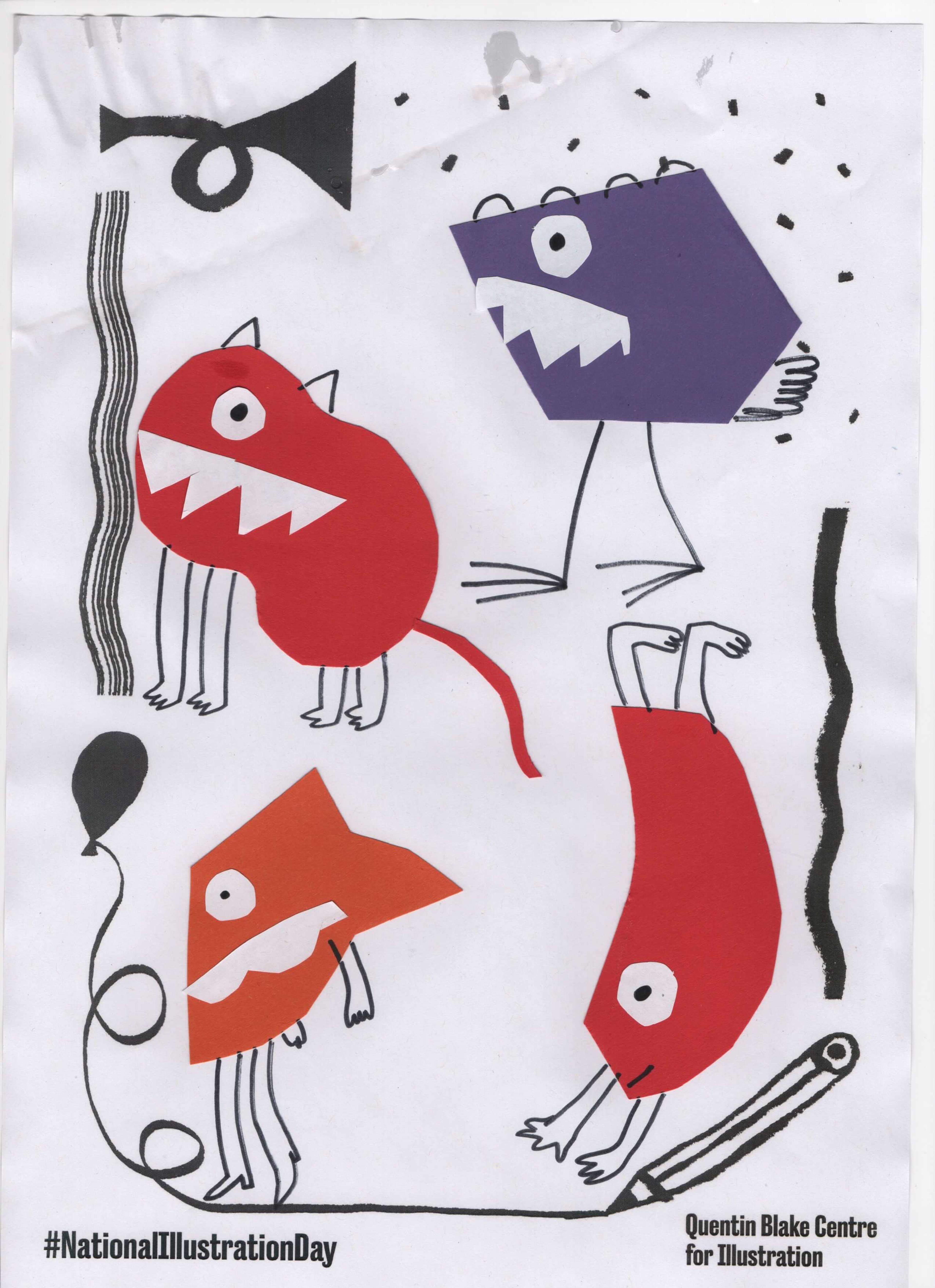 Cartoon monsters made using abstract cut-out shapes and features drawn using markers.