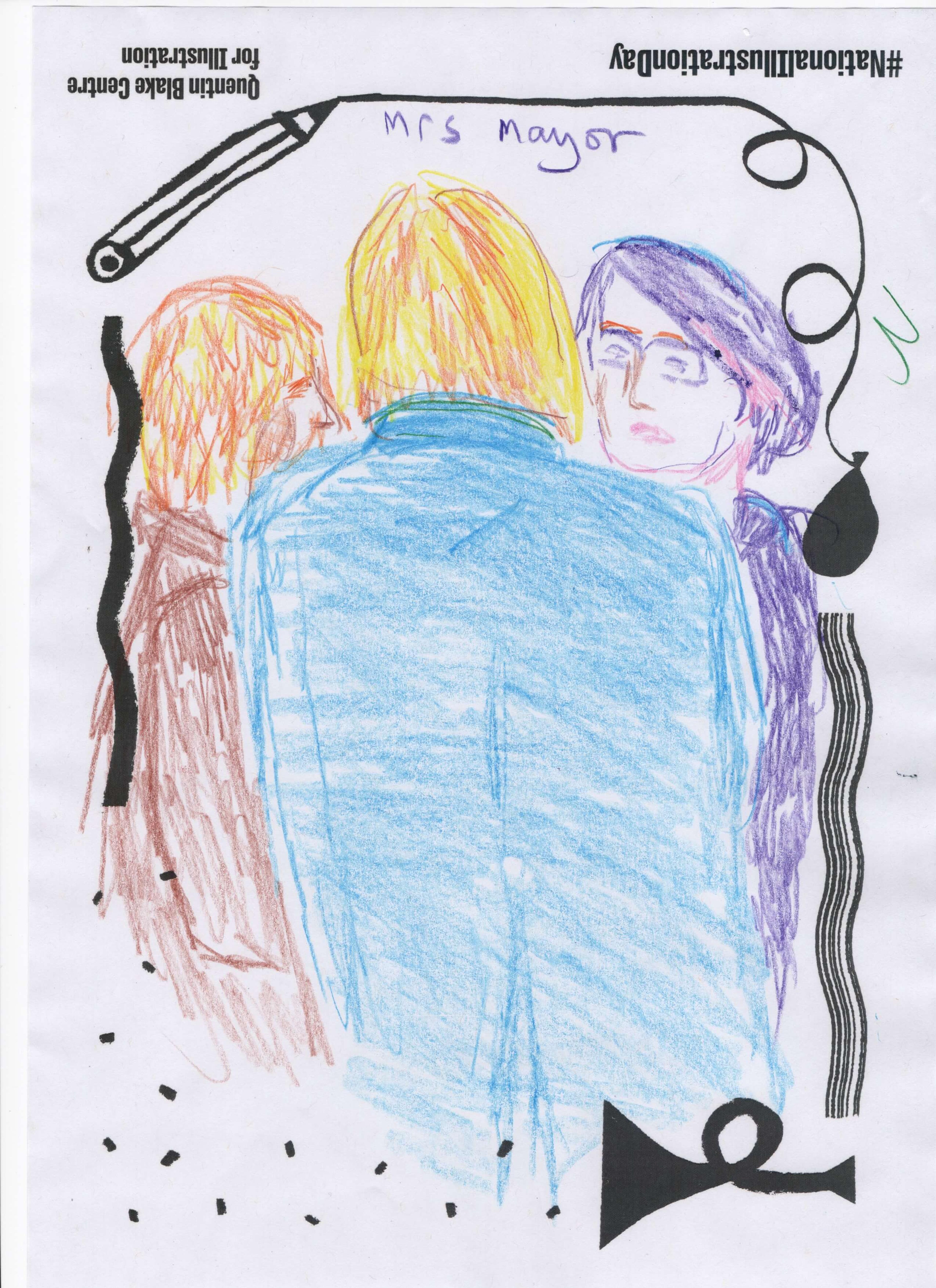 Colour pencil drawing of three people talking, one facing away from the viewer, one seen in profile and one facing the other two. 