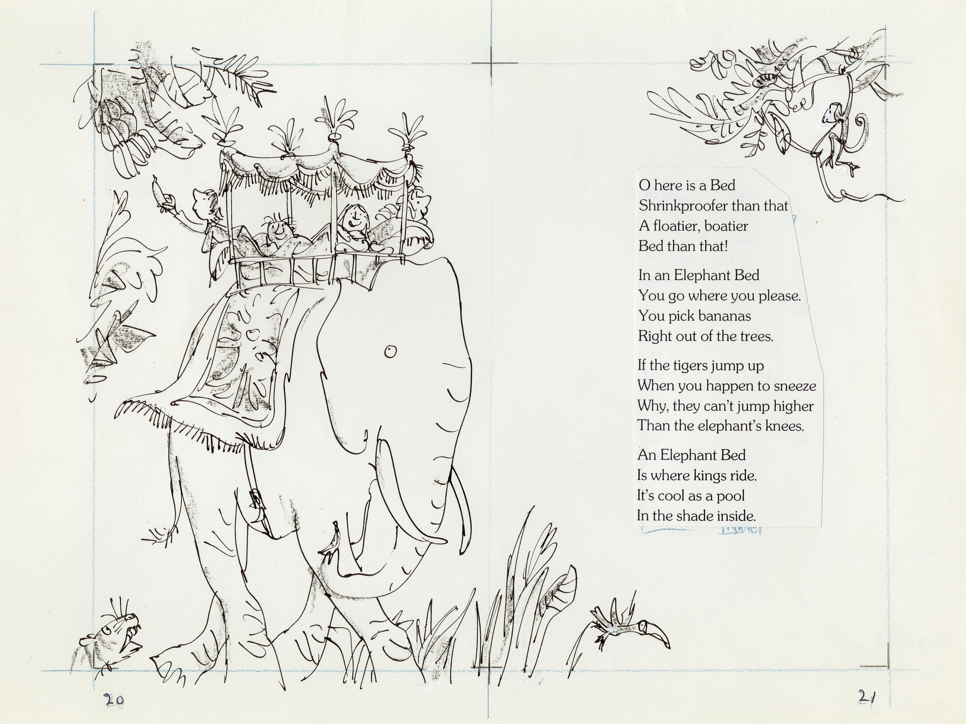 Line drawing of four children riding an elephant, watched by a tiger and monkey
