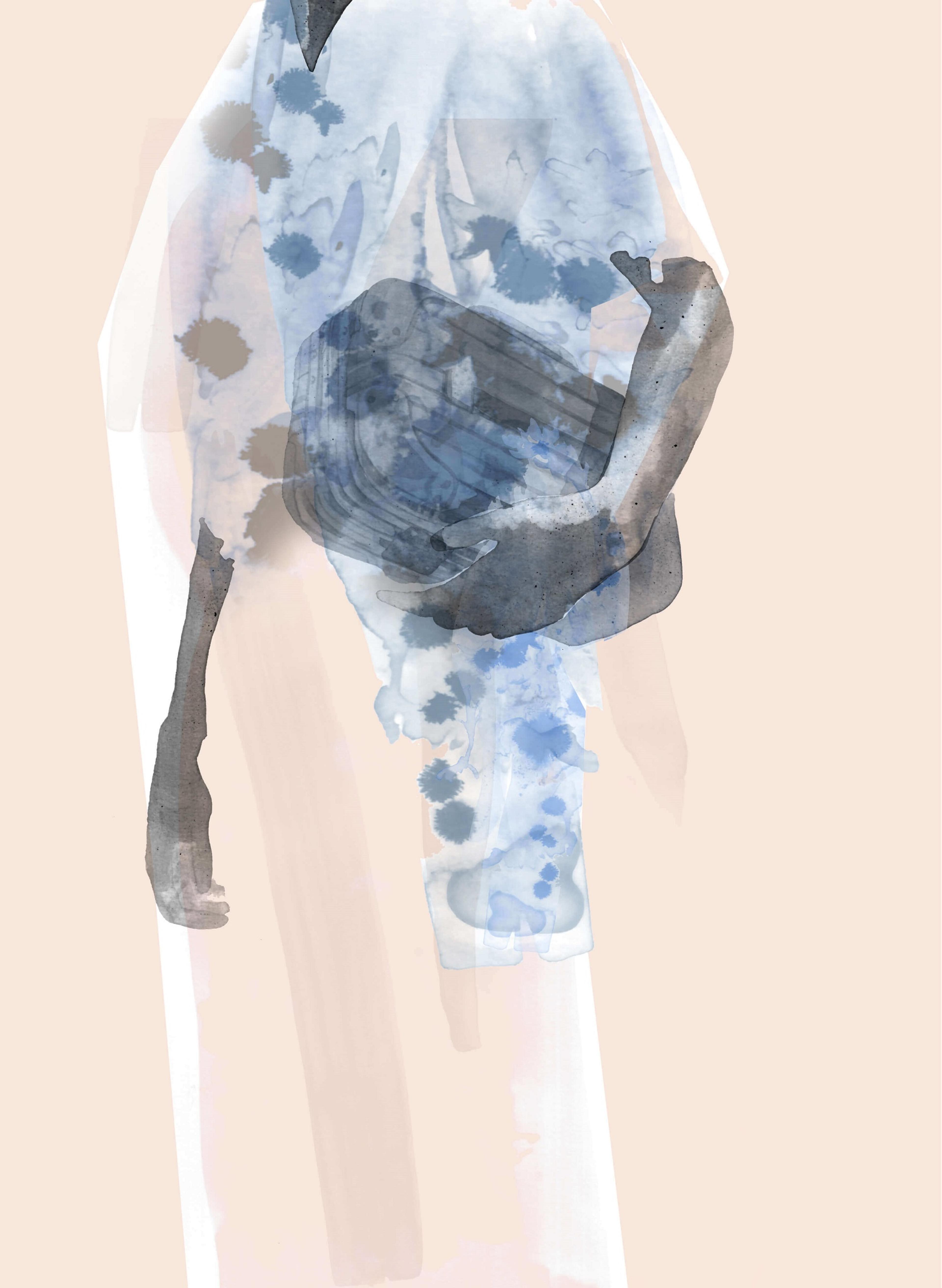 Illustration of figure in blue jacket holding bag