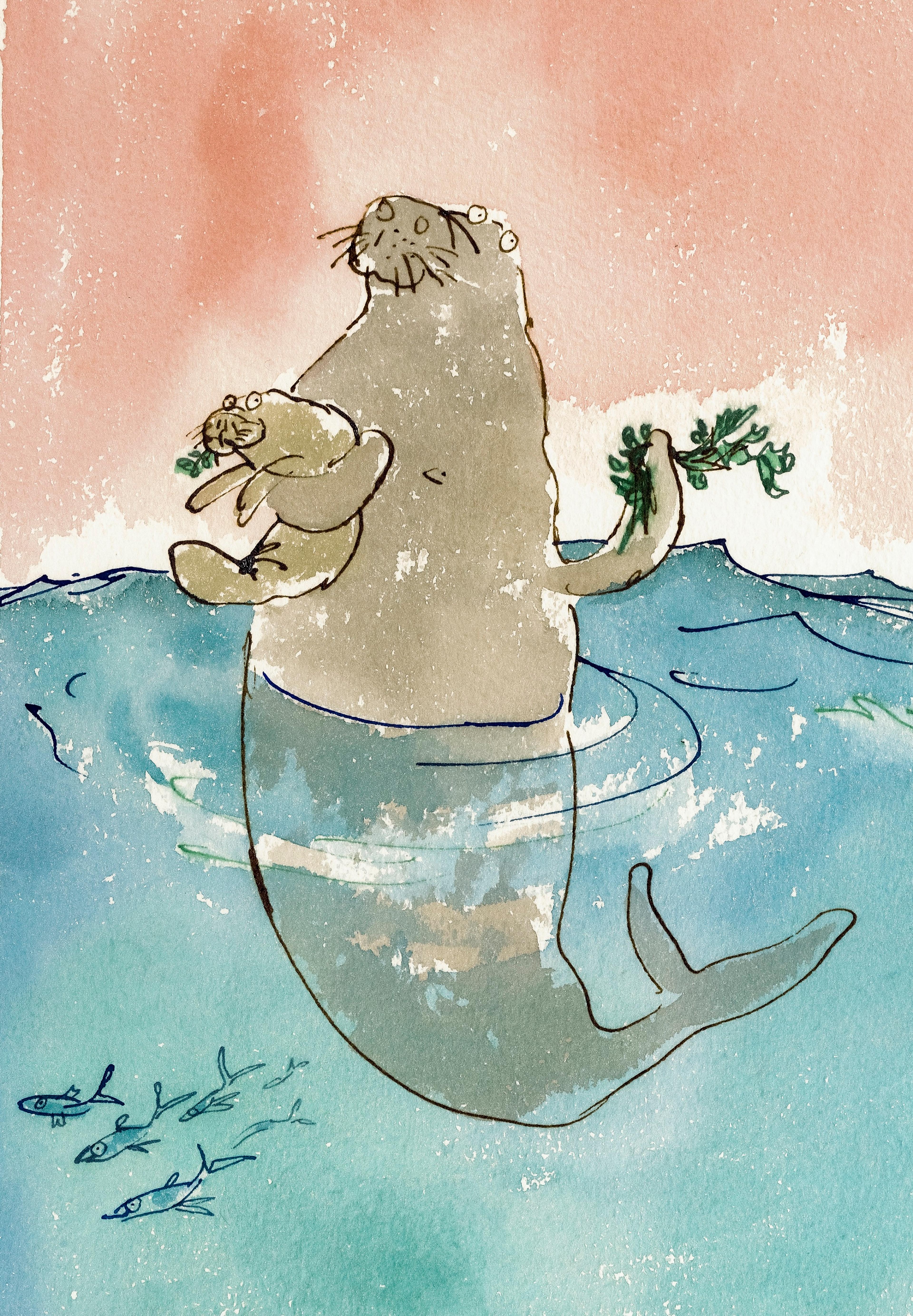 Illustration of a dugong with it's head above water hugging a dugong calf