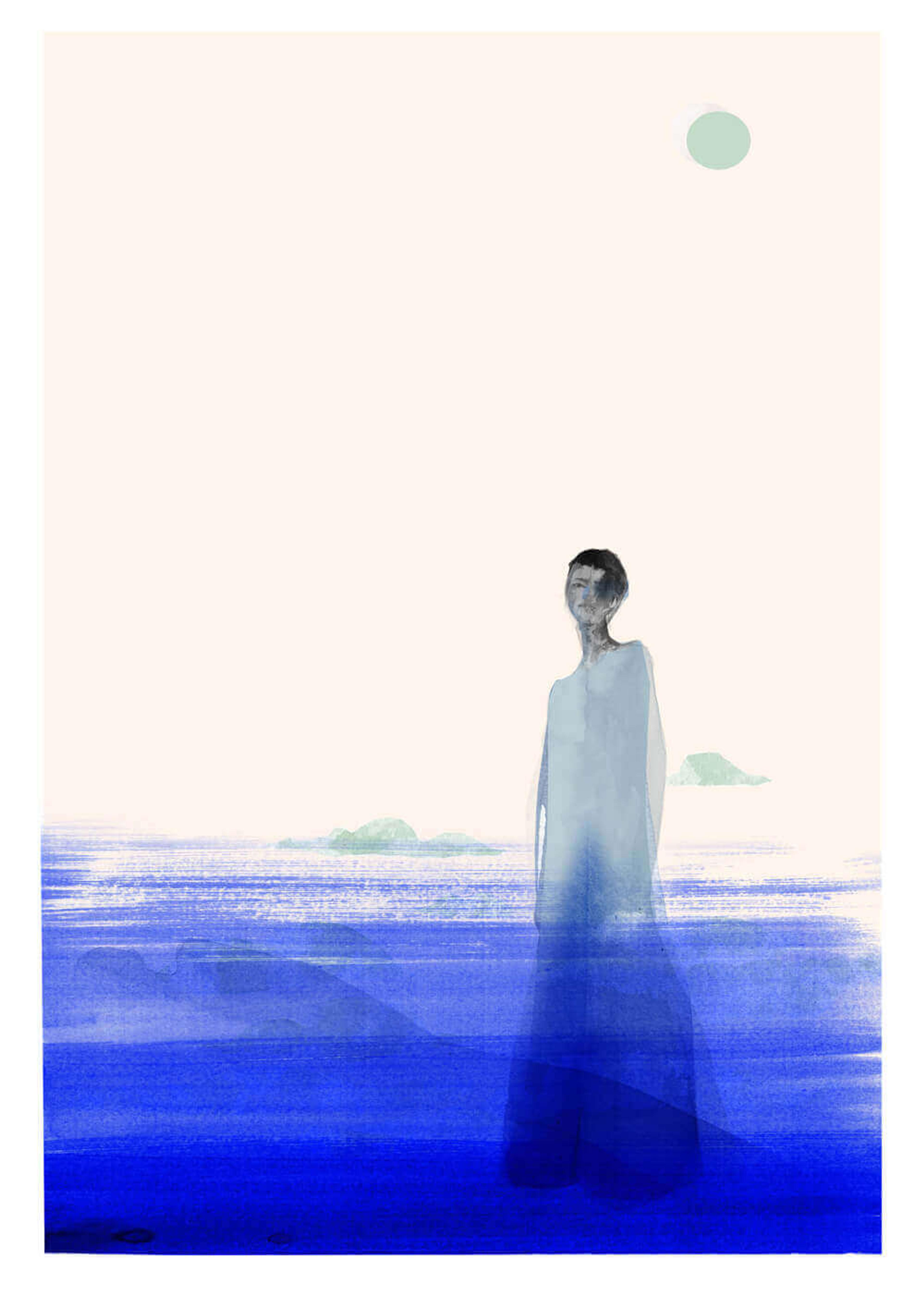 Illustration of a person in a long gown with bold bright blue painted over the top of thee lower half of the body. In the sky is a gray dot.