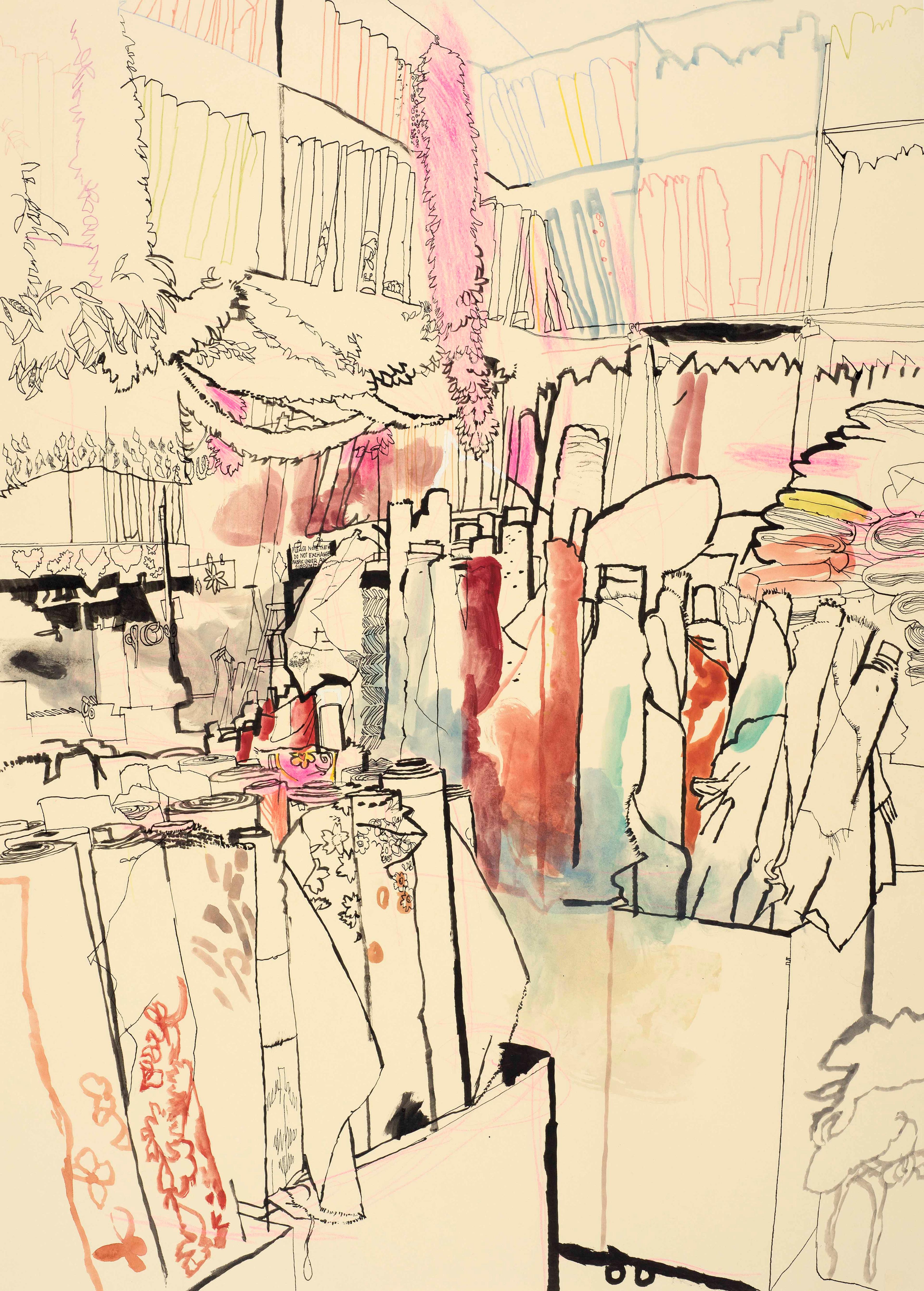 Illustration of an outdoor market, clothes and folded fabric is on display on the nearest stall.