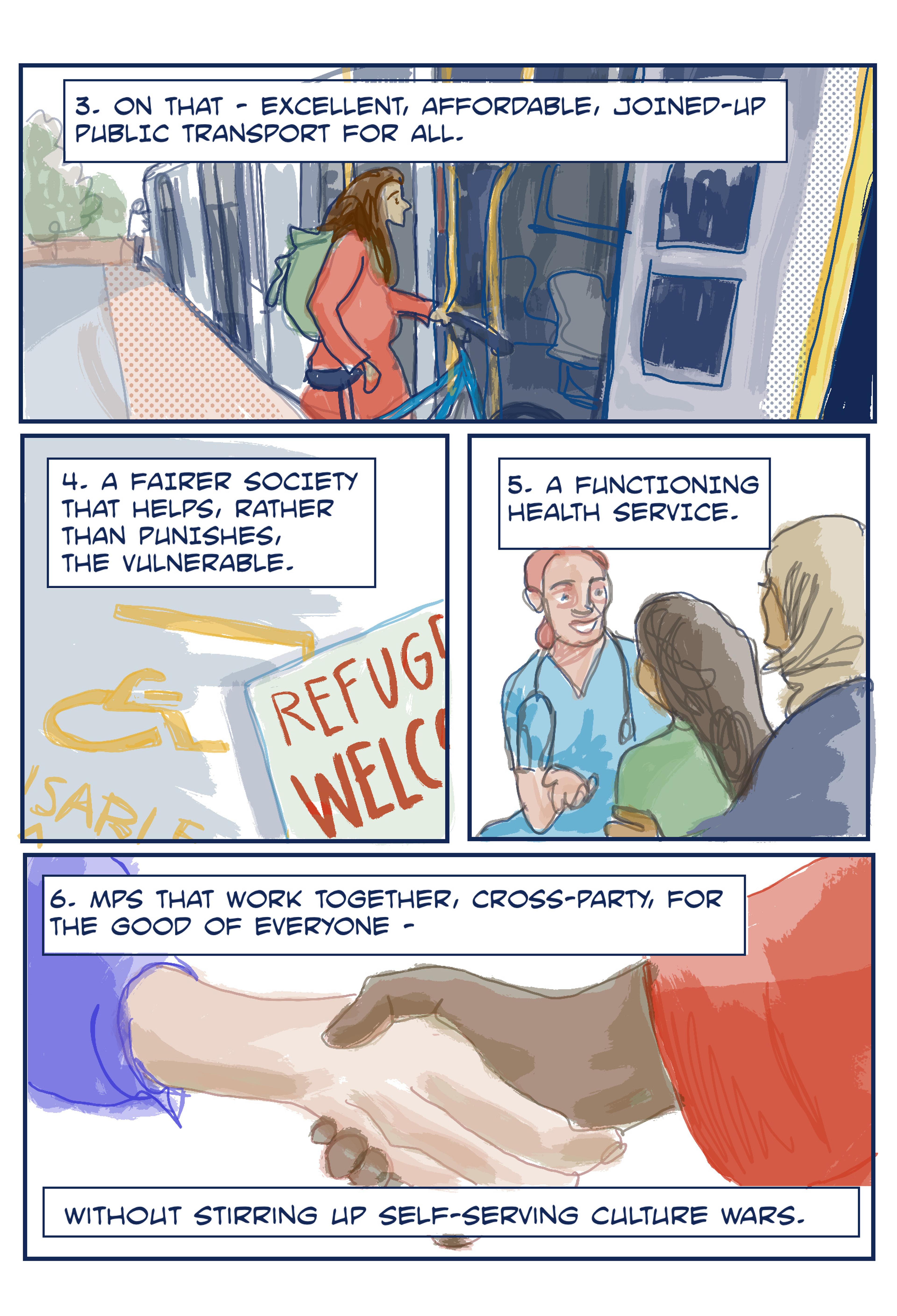 A page from a comic with four panels each including illustration and text. Artist Myfanwy Tristram explains to their new MP what is important to them.