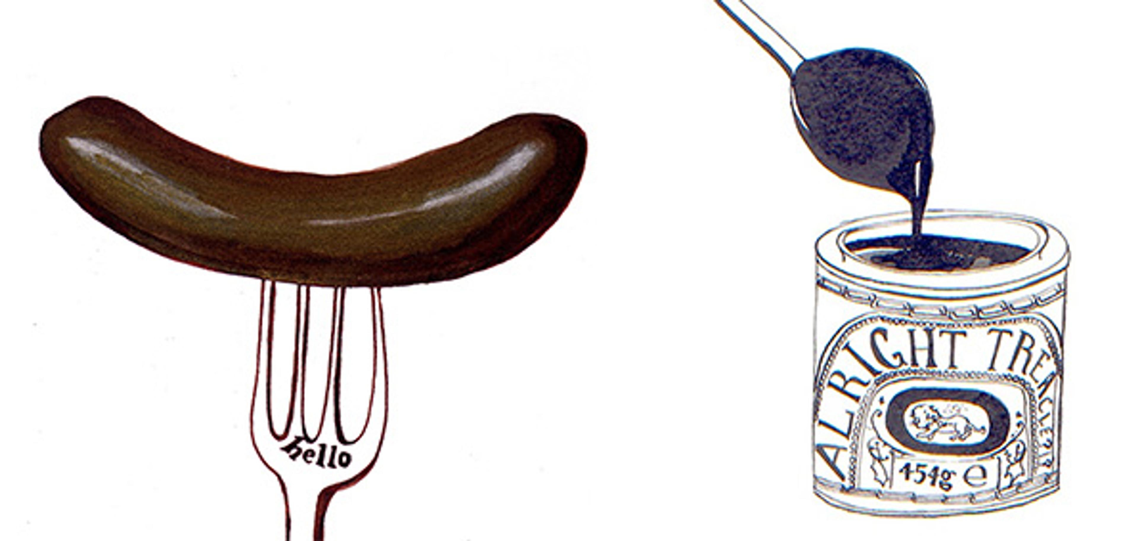 Illustration of sausage on a fork with the word 'hello' on it next to a tin of treacle with the words 'alright treacle' on the tin. A spoon is scooping treacle out of the tin.