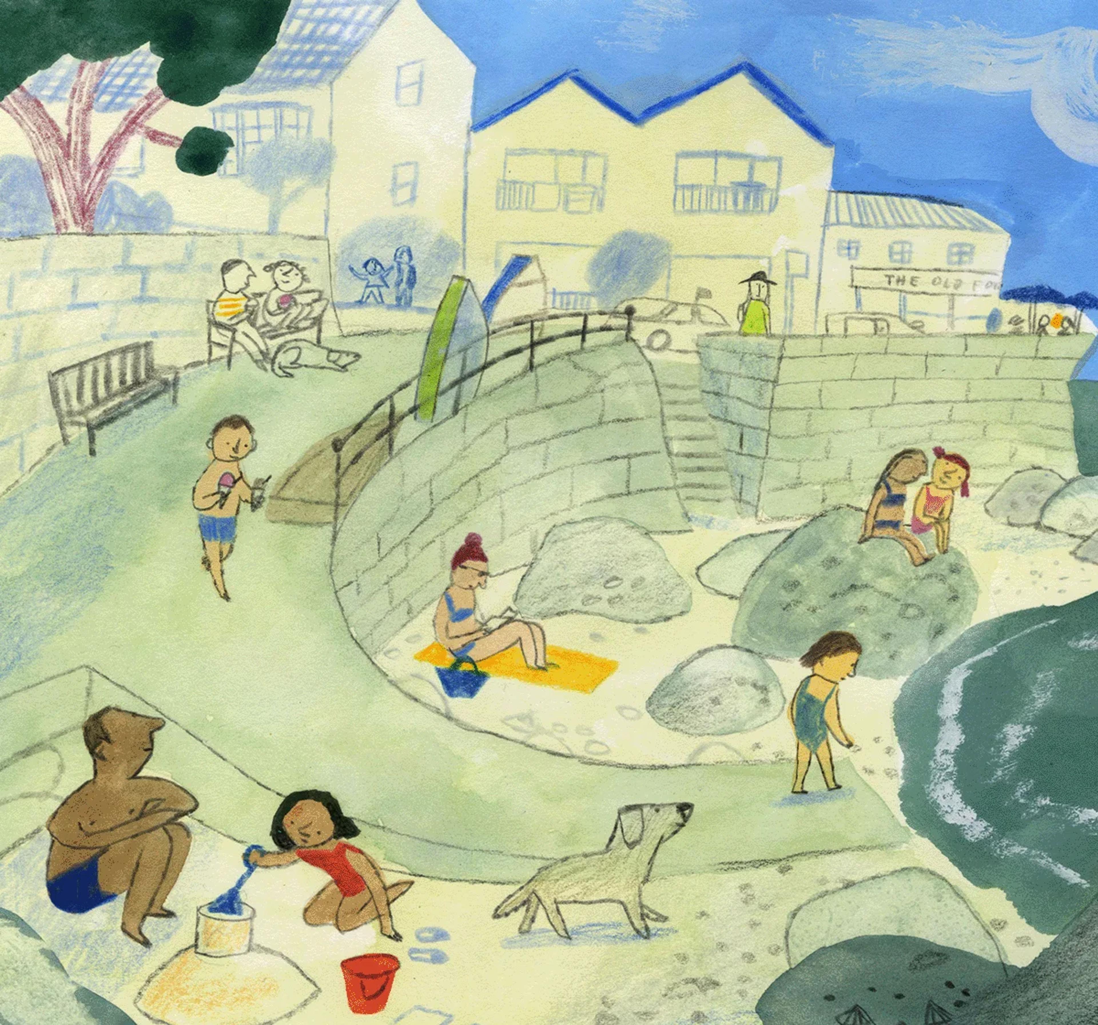 An animation showing 4 separate illustrations: many people at the beach, a child in bed with a cold and holding a tissue over their nose, two women sat at a table having a piece of cake, and a person walking down a pavement, in the background there are houses and buildings and a giant blue horse is standing above them all.