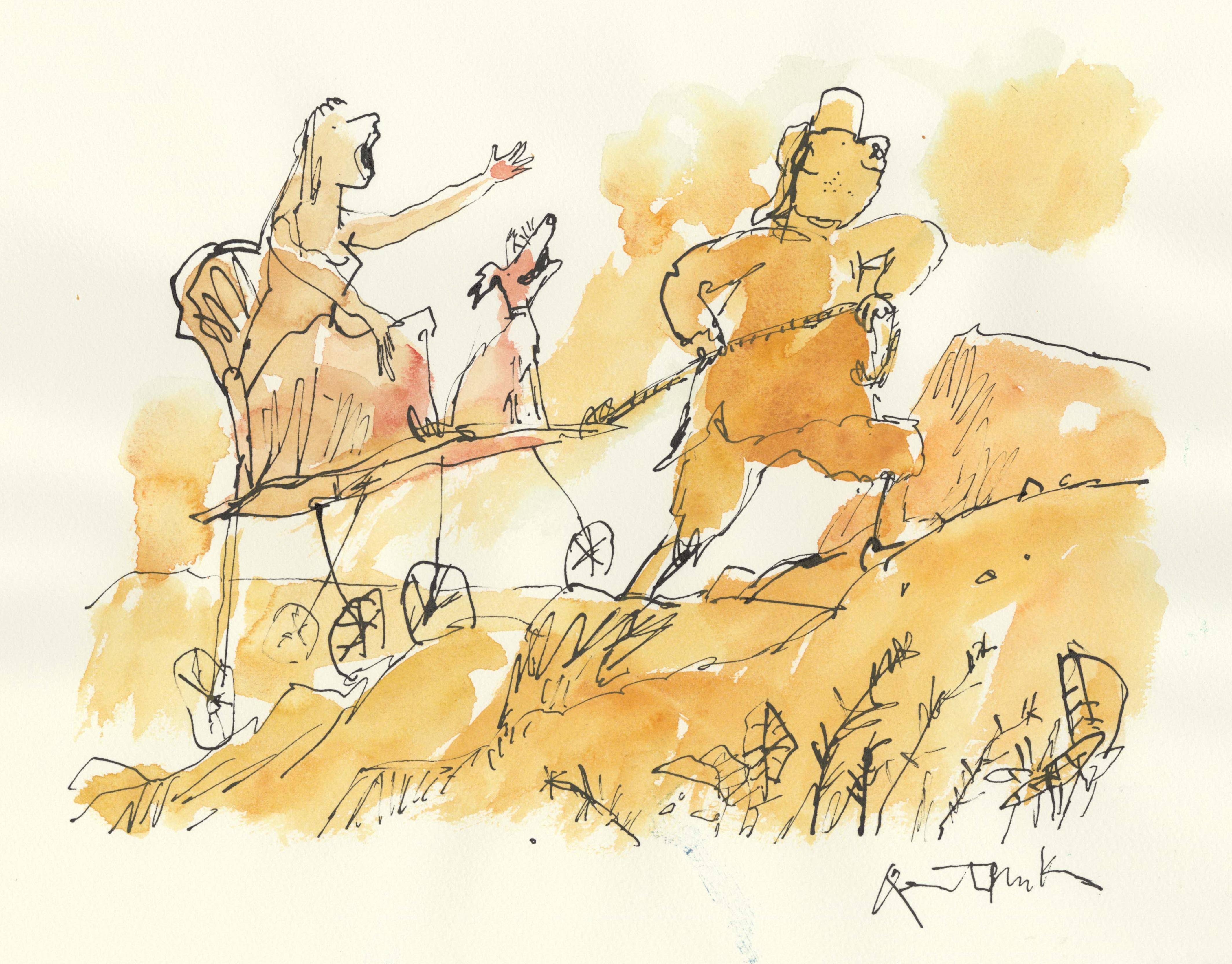 Illustration of two people flying on the backs of birds over a mountain scape