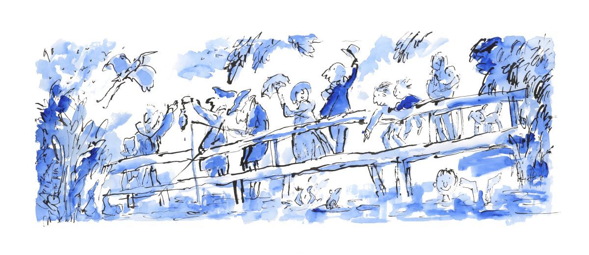 A drawing of people over a river
