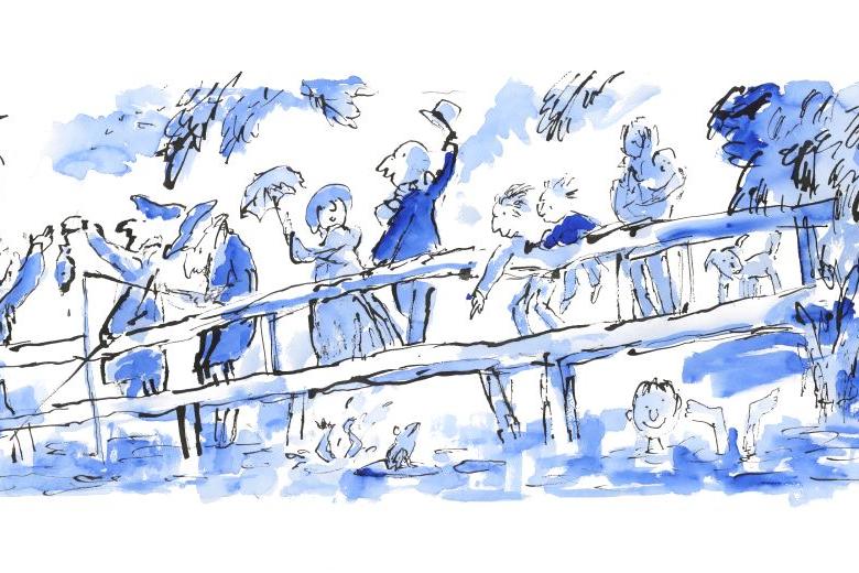 A drawing of people over a river