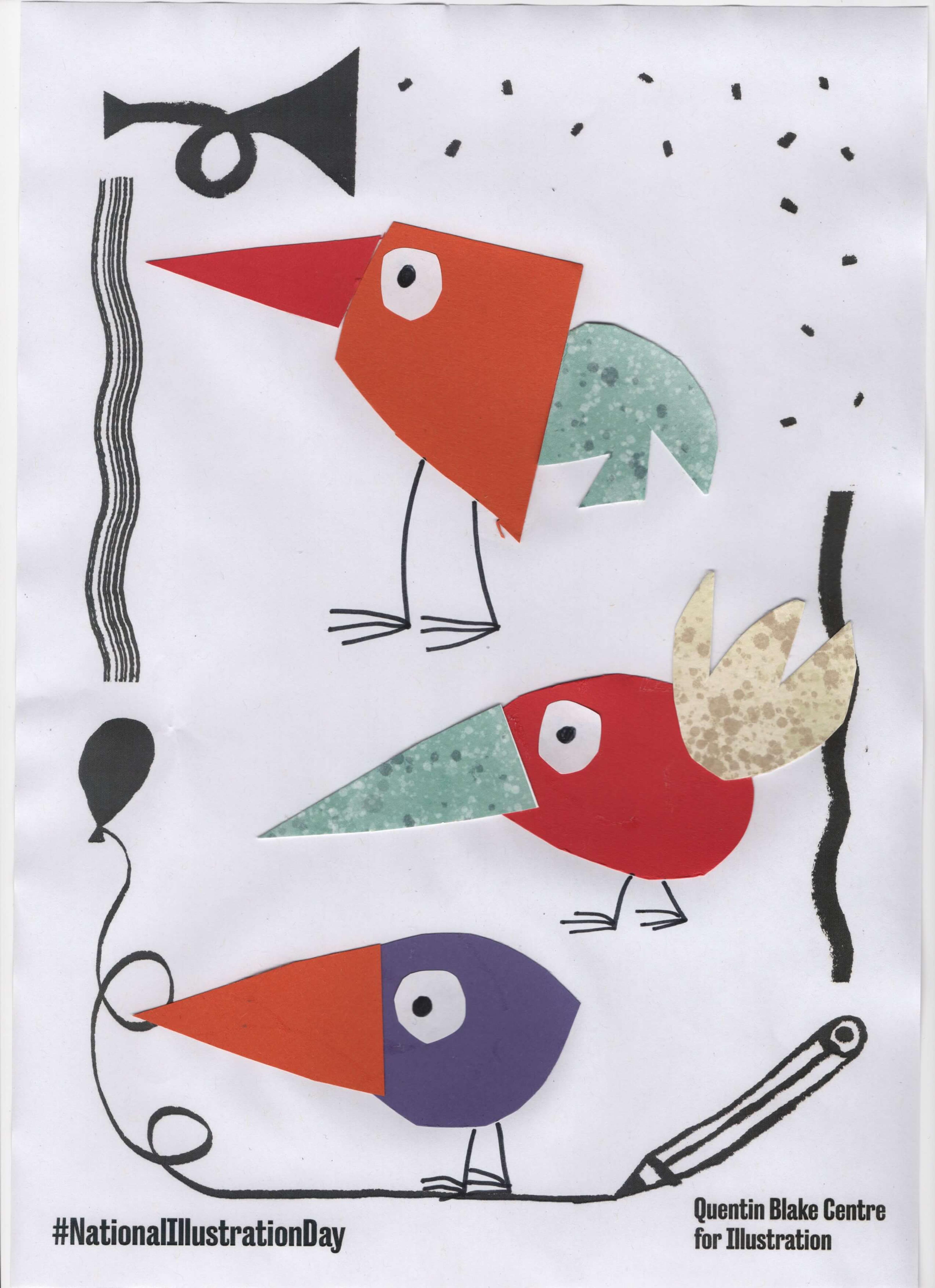 Quirky cartoon birds made using simple collaged shapes. 