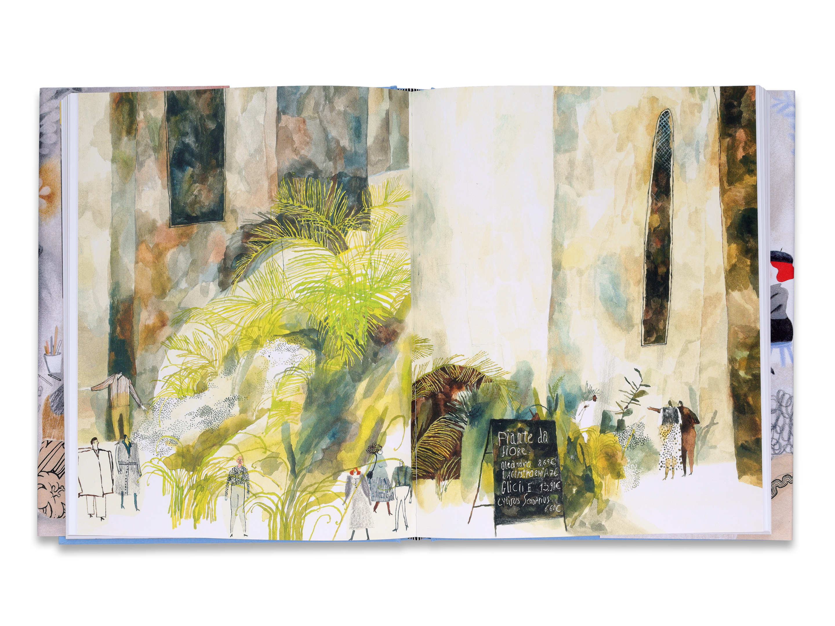 A two-spread illustration featuring large foliage against a textured background