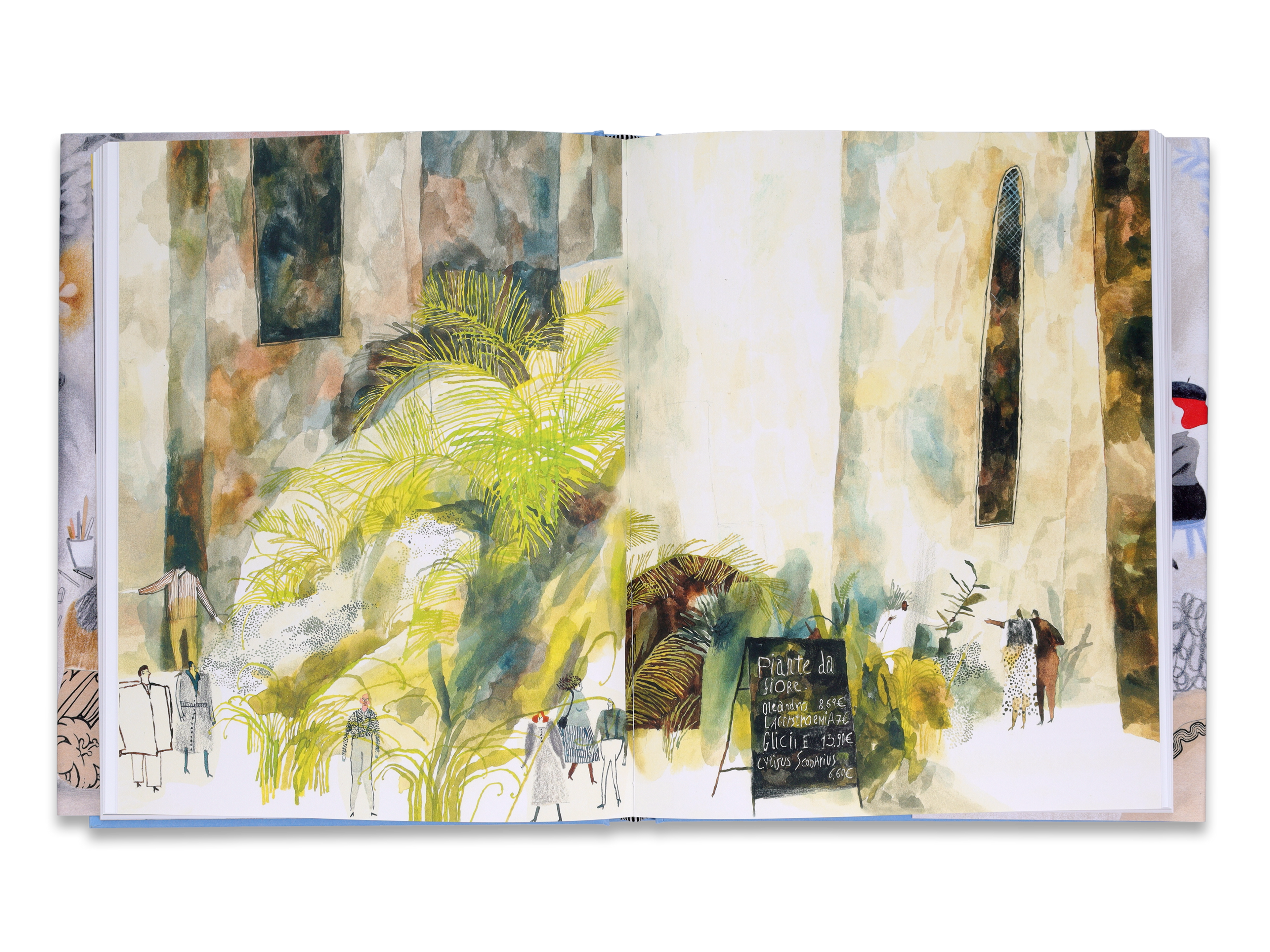 A two-spread illustration featuring large foliage against a textured background