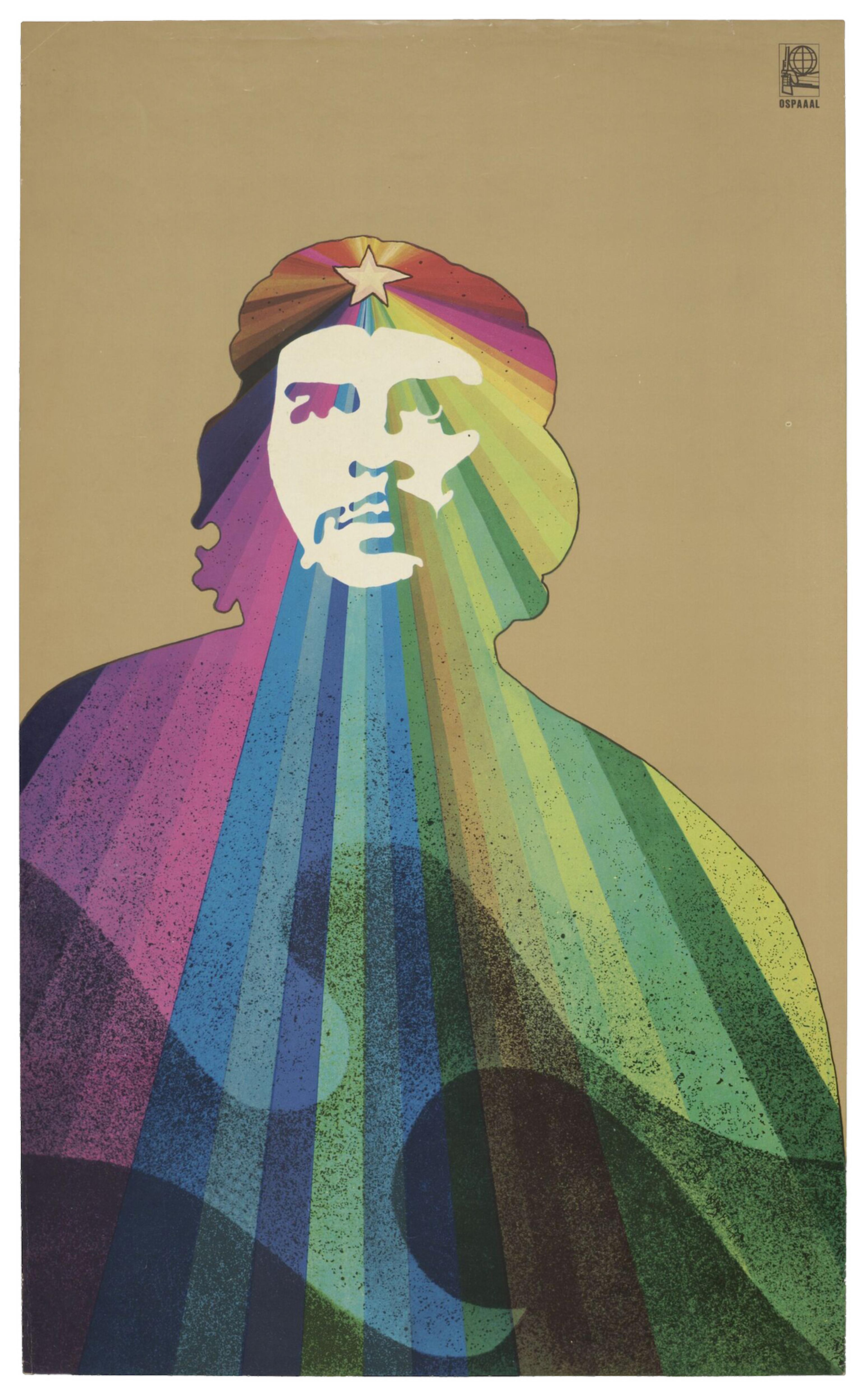 Poster depicting Che Guevara with a rainbow and wave shadow effect.