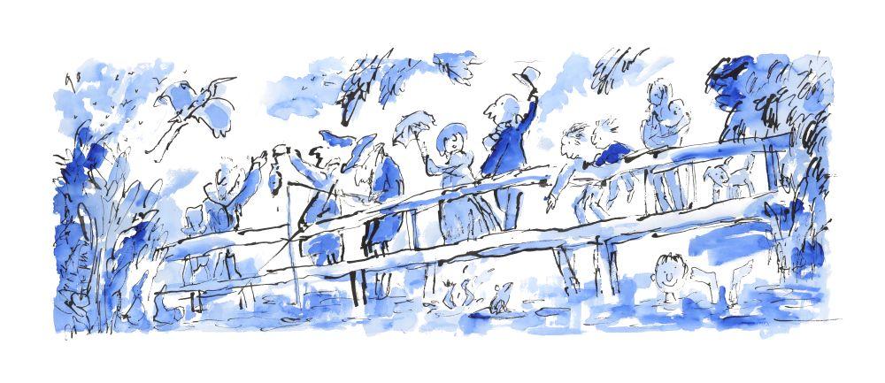 People on a bridge illustrated