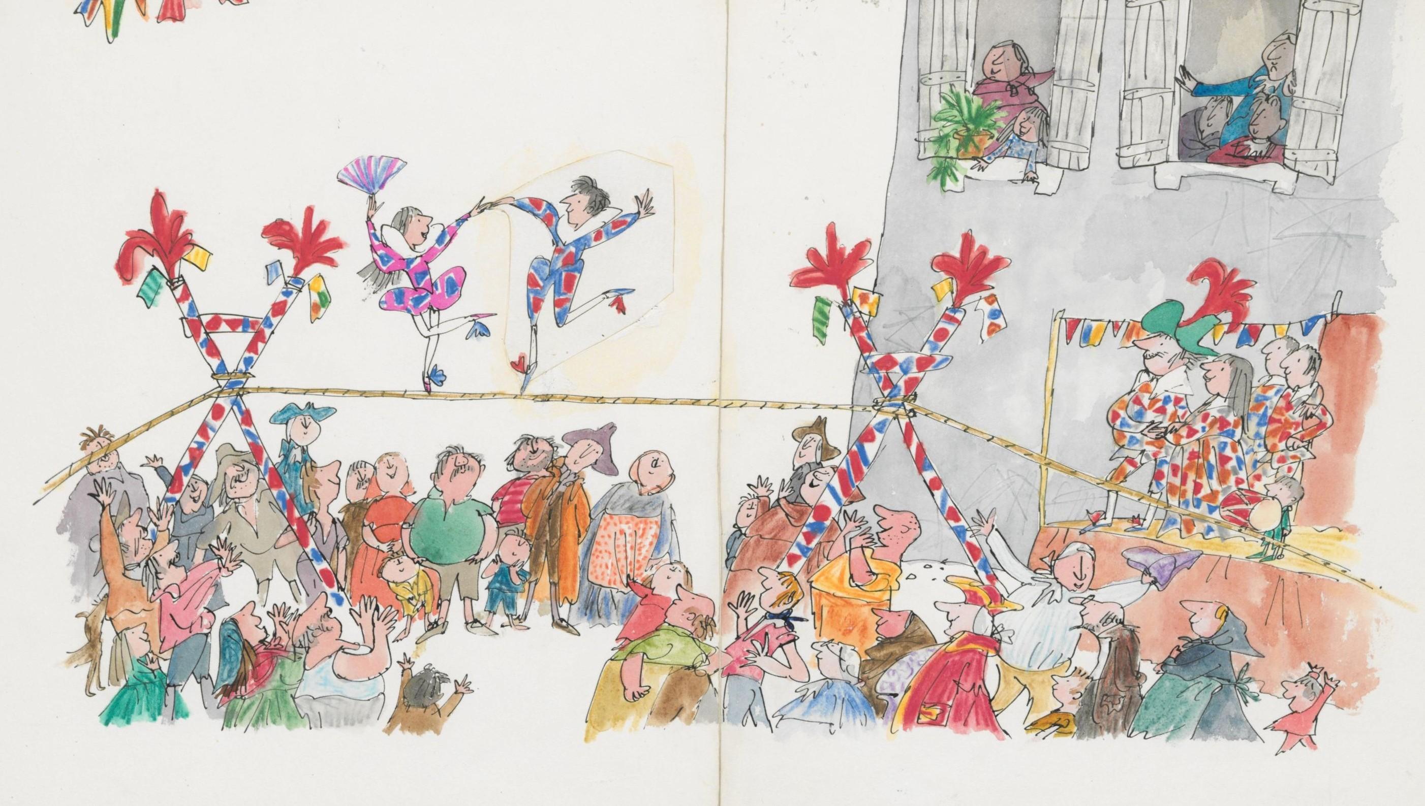 An ink and watercolour illustration of an outdoor performance scene in which colourfully dressed characters walk across a tightrope or watch on from the crowd.