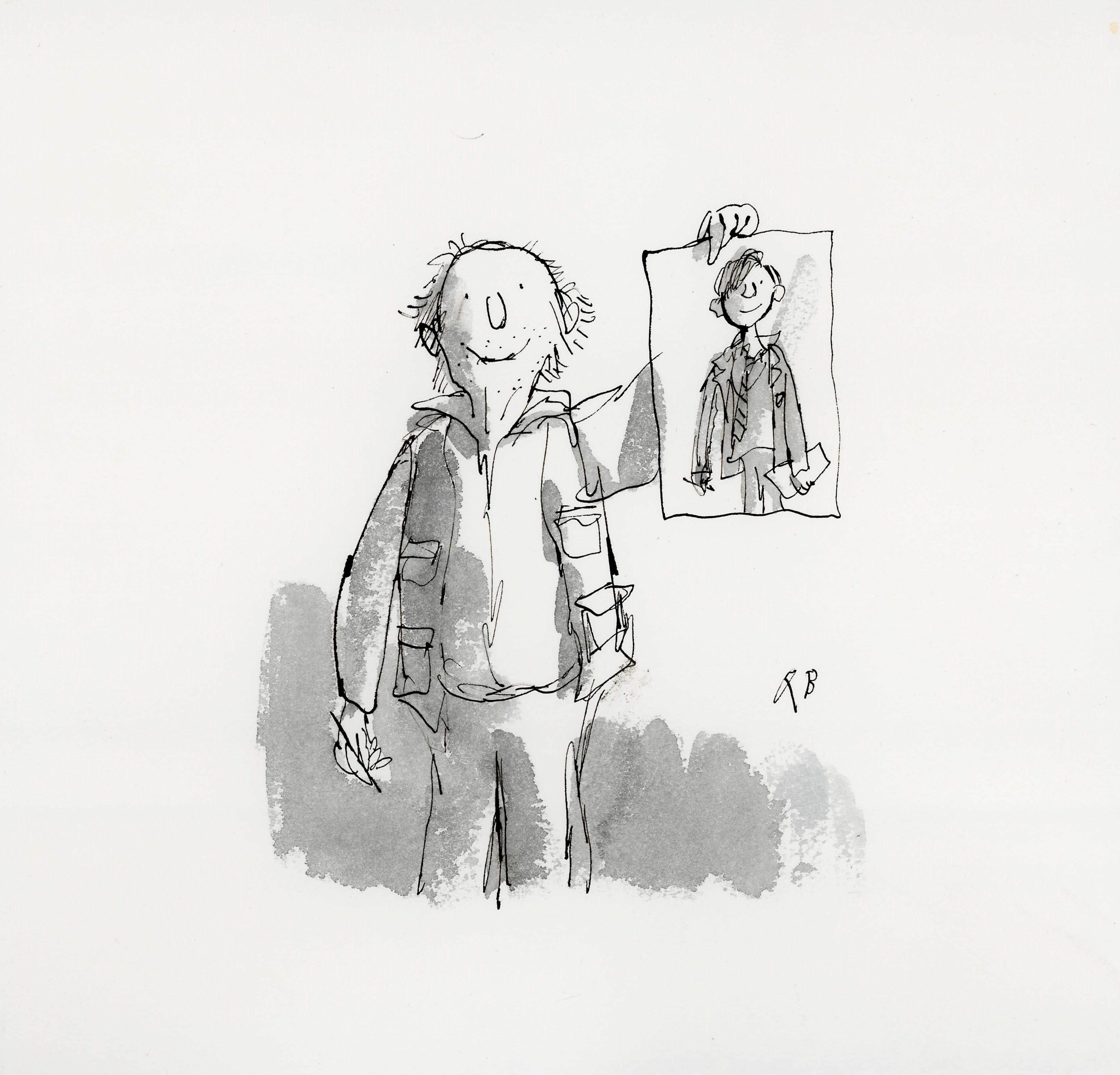 An illustration in black ink of a man standing face-on, holding a portrait of himself up in front of him