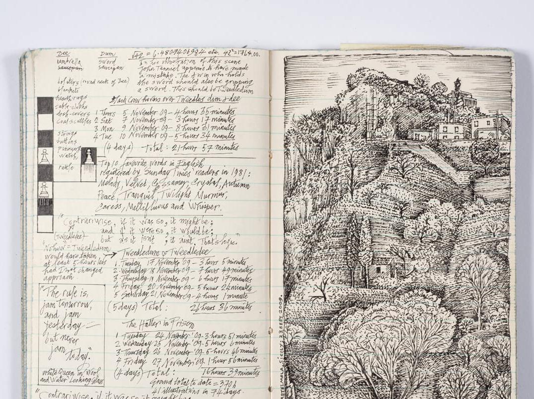 Photograph of a sketchbook spread that includes detailed notes and an ornate pen and ink drawing