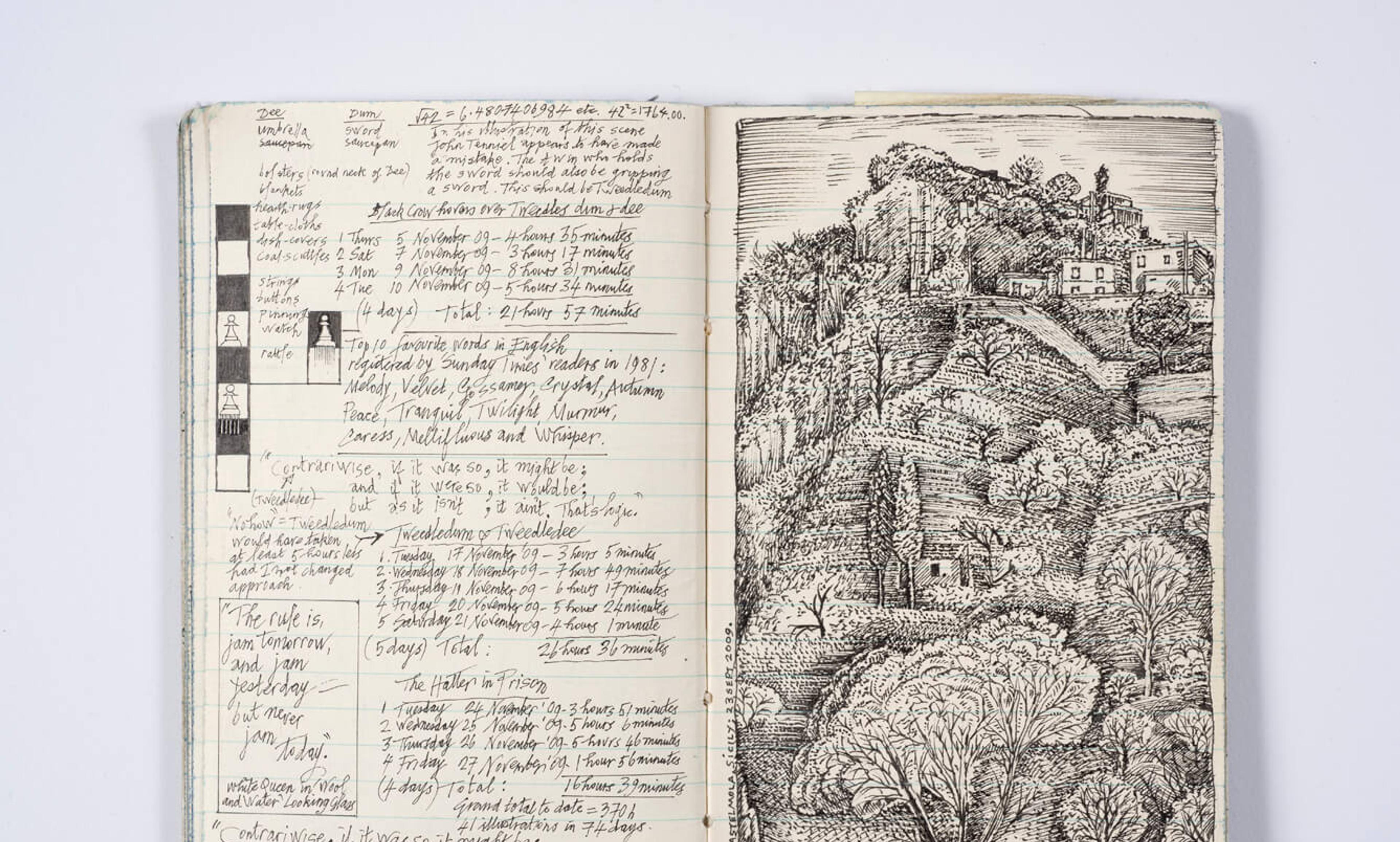Photograph of a sketchbook spread that includes detailed notes and an ornate pen and ink drawing