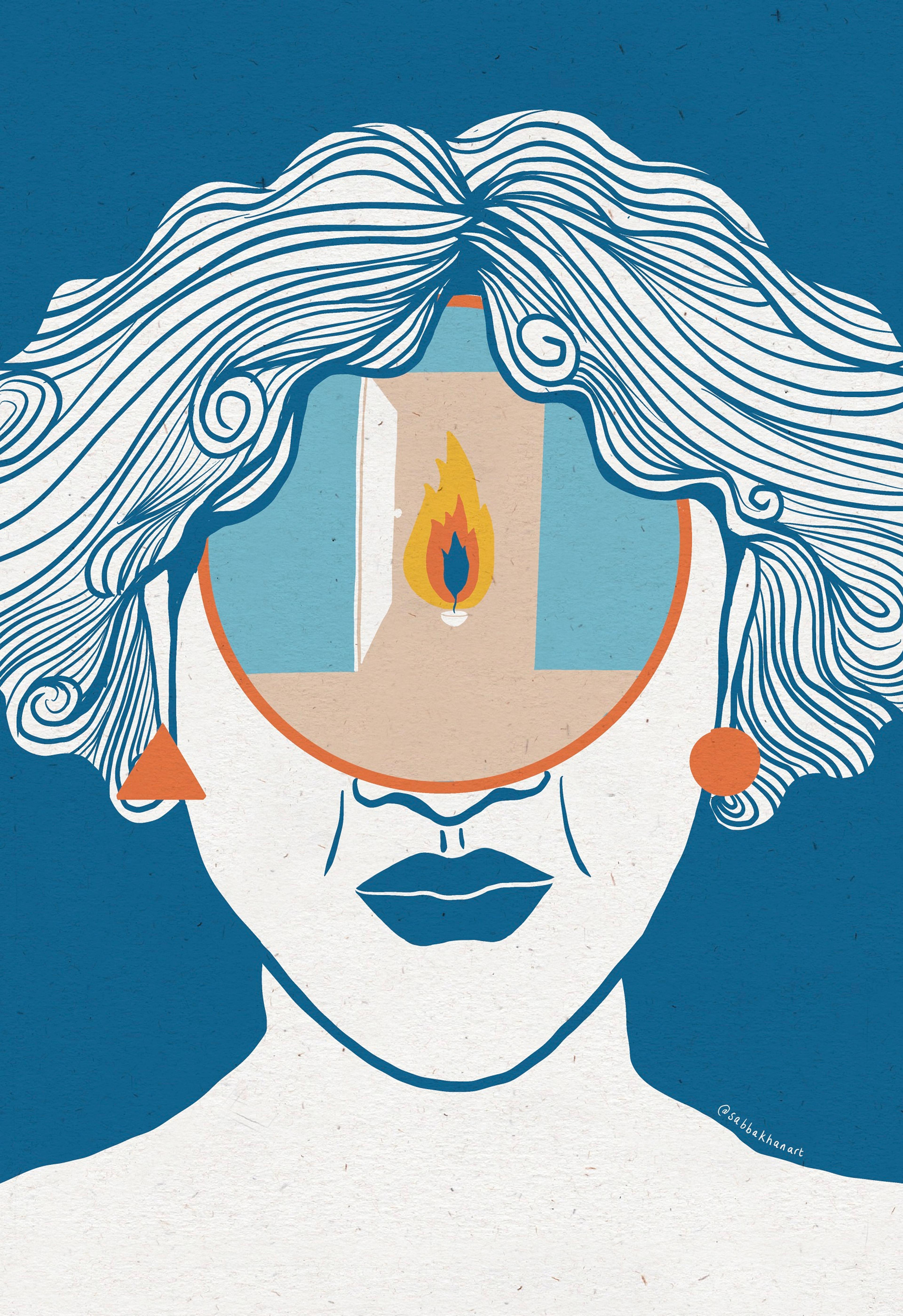 Illustration of a headwith a view into the mind that shows a burning flame