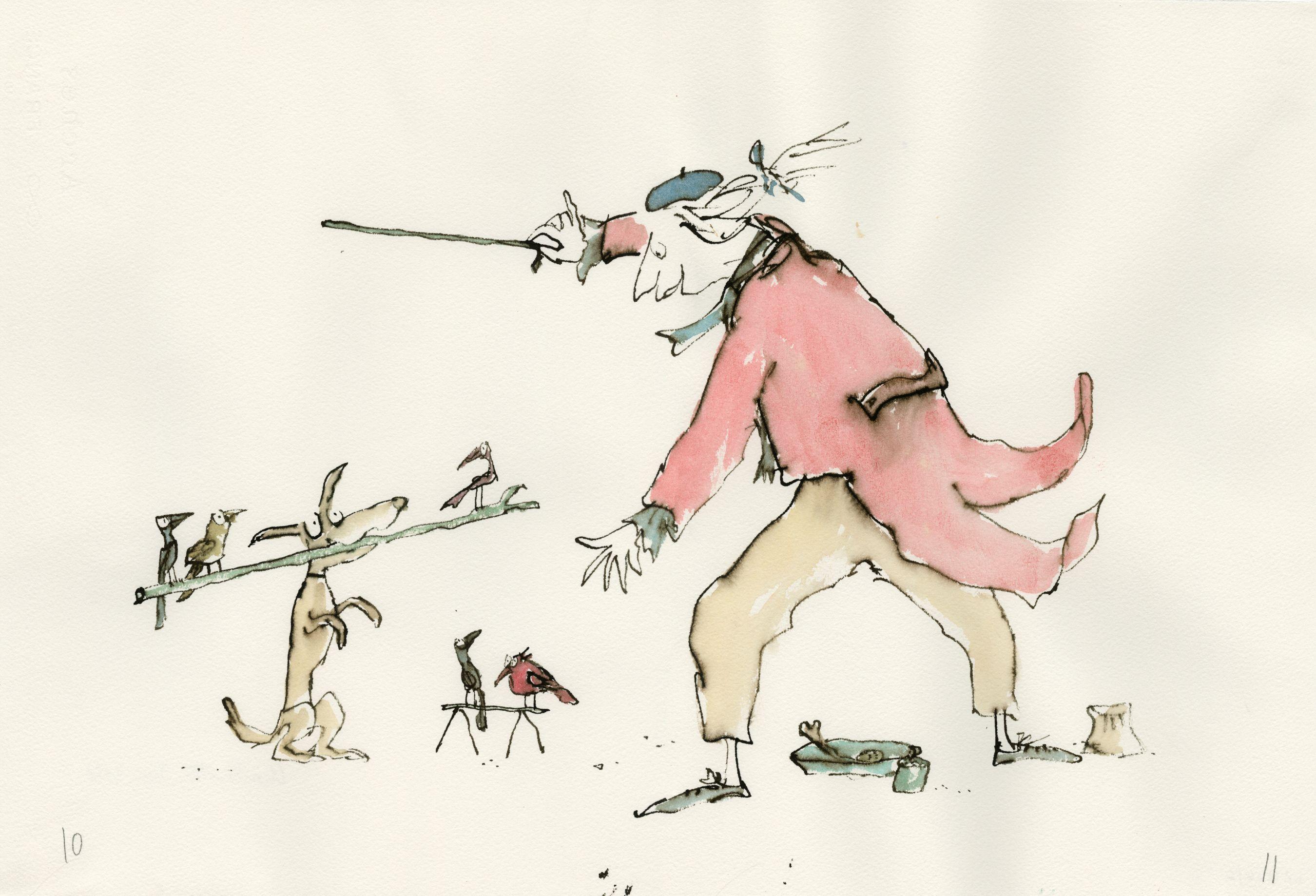 An ink and watercolour illustration of a man in a pink coat conducting a small dog holding a stick with birds balancing on either end.