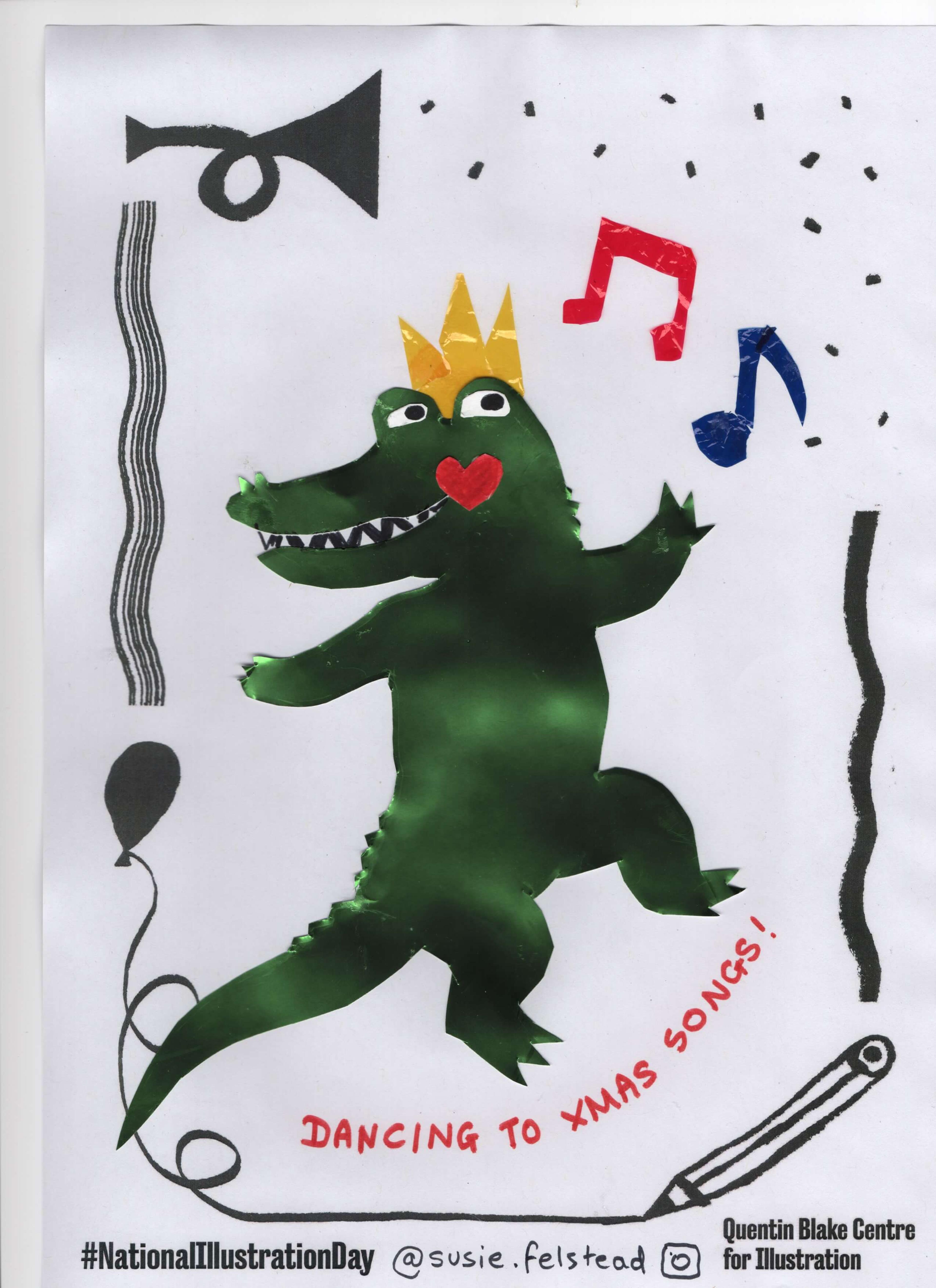 A dancing crocodile wearing a crown with the words "dancing to Xmas songs" written in red marker pen.