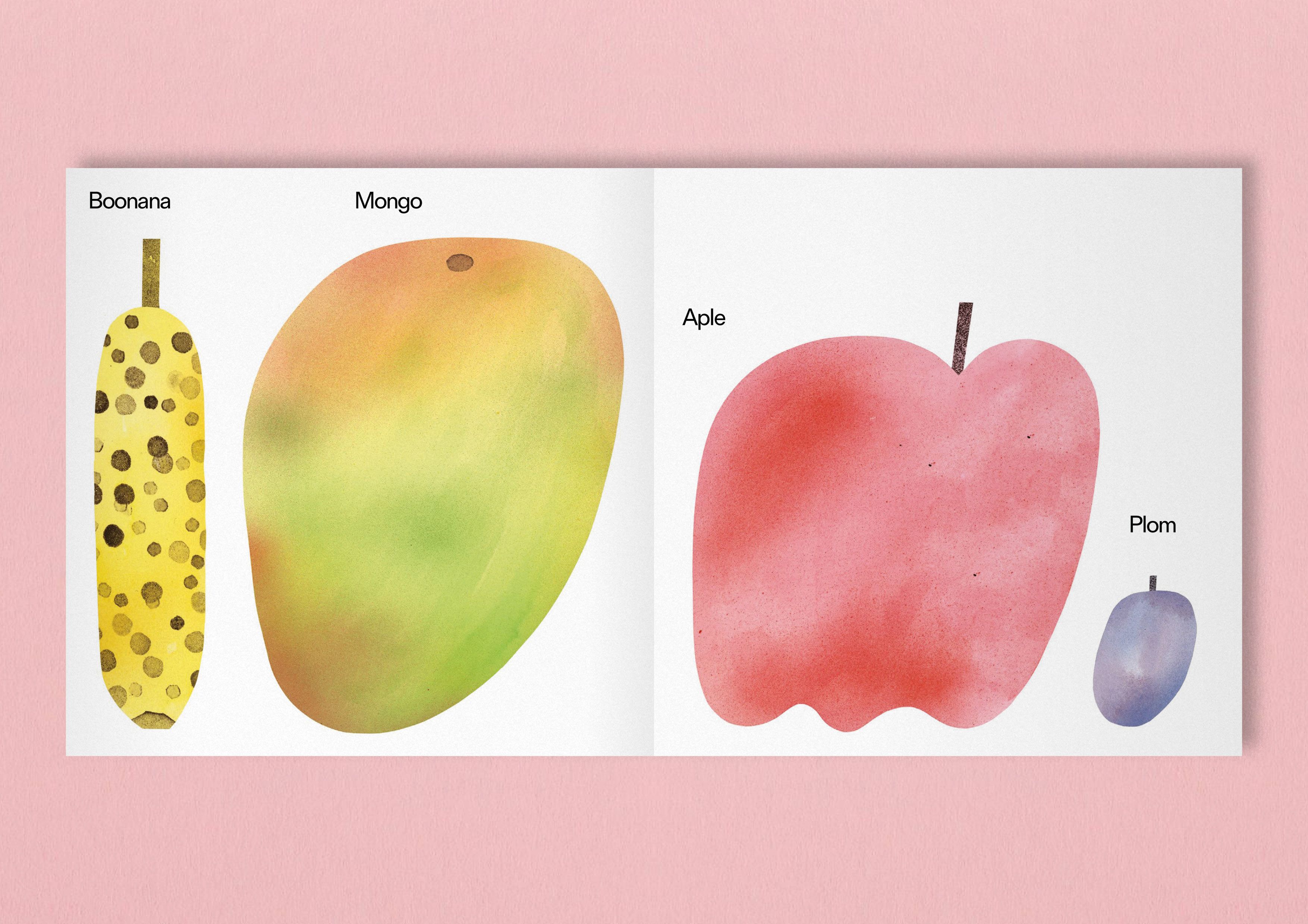 Double page spread of a book with labeled illustrations of a banana, mango, apple and plum.