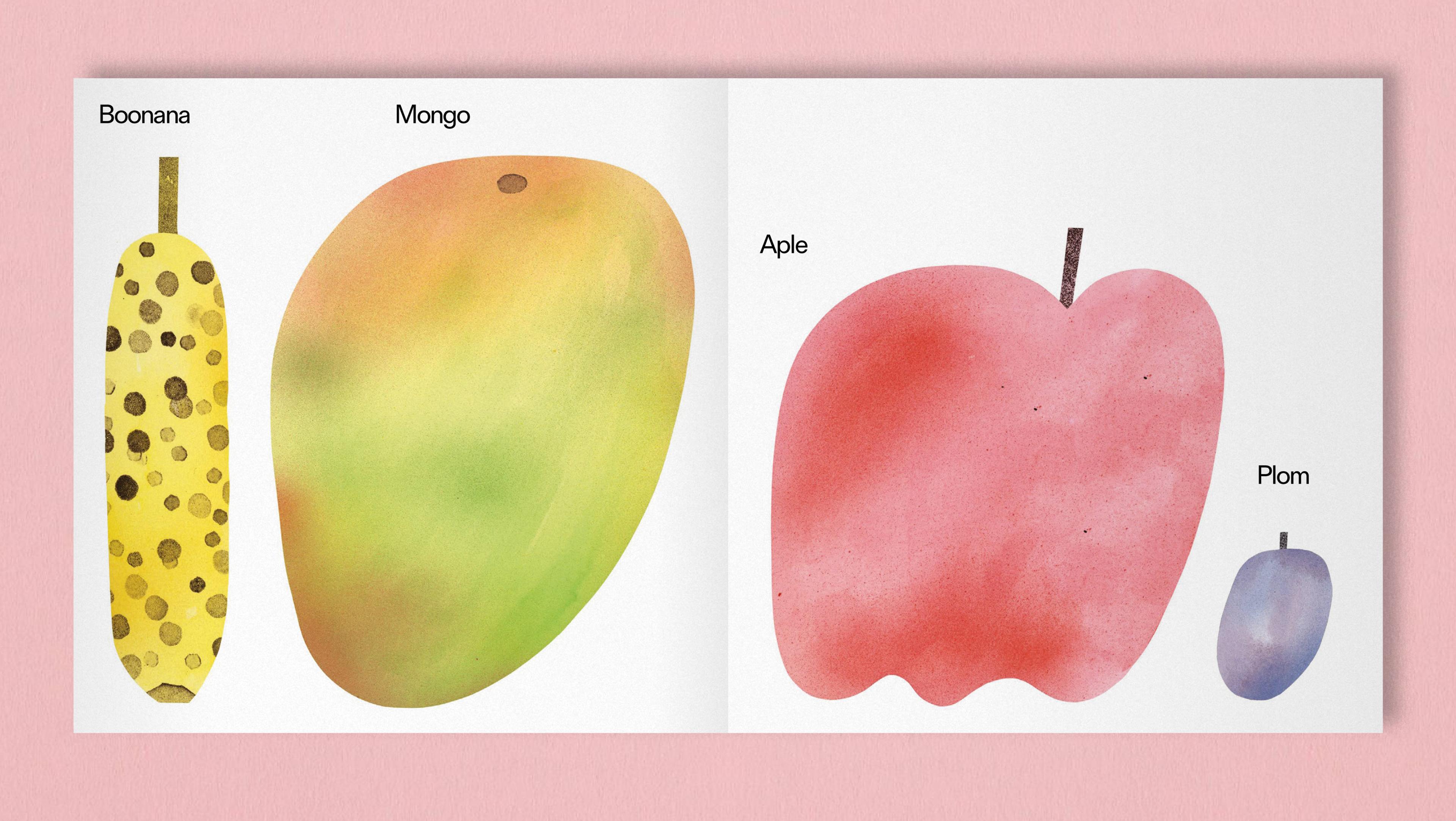 Double page spread of a book with labeled illustrations of a banana, mango, apple and plum.