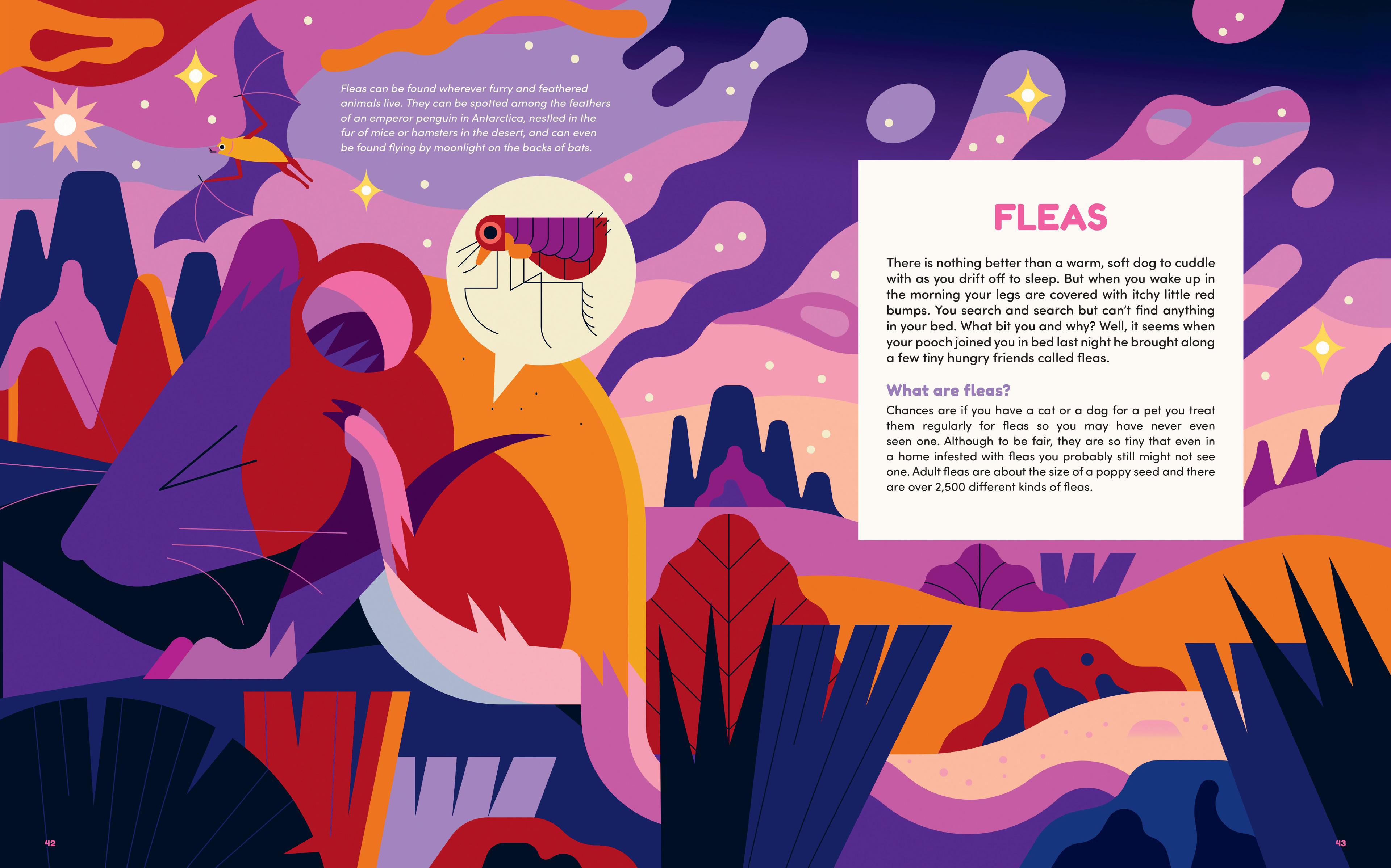 A double page spread of a picture book with illustration of a rodent outside scratching their ear with a text box full of text about fleas.