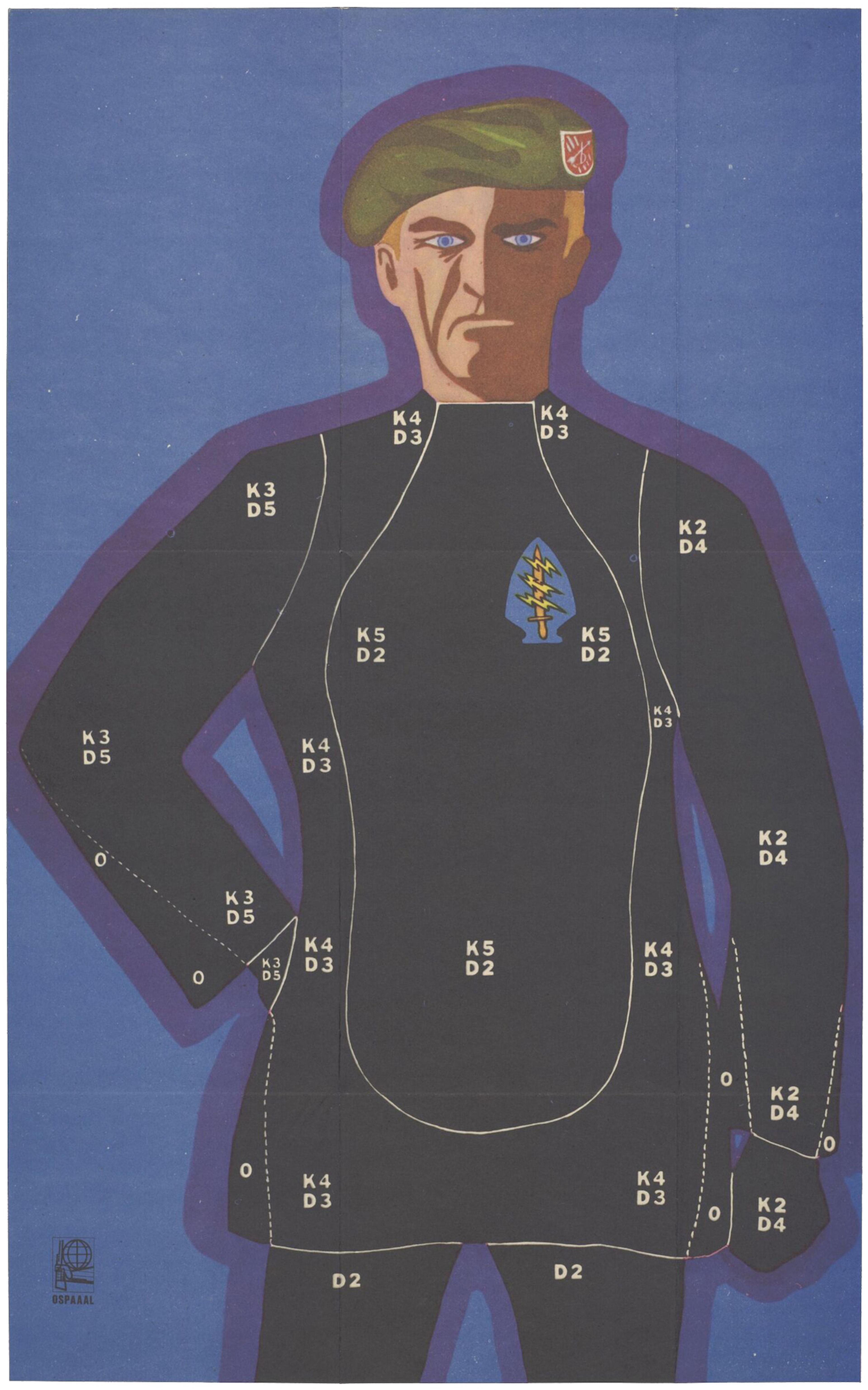 Poster with blue background, depicting a United States Army Special Forces soldier with his body in black partitioned into numbered sections similar to the Colt Silhouette Target (K and D designations).